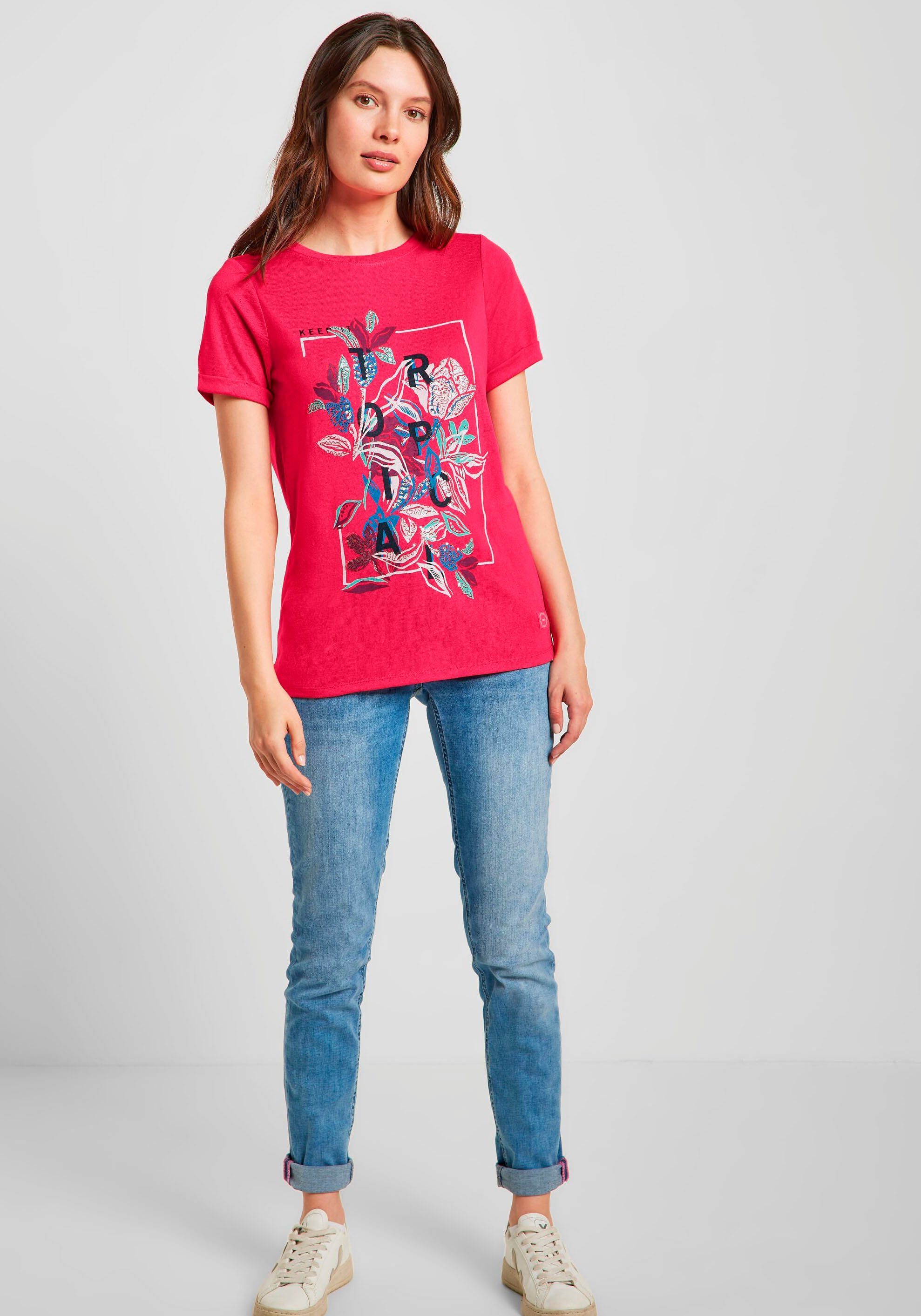 print klassischem pink LINENLOOK_Shape T-Shirt Cecil Rundhalsausschnitt mit