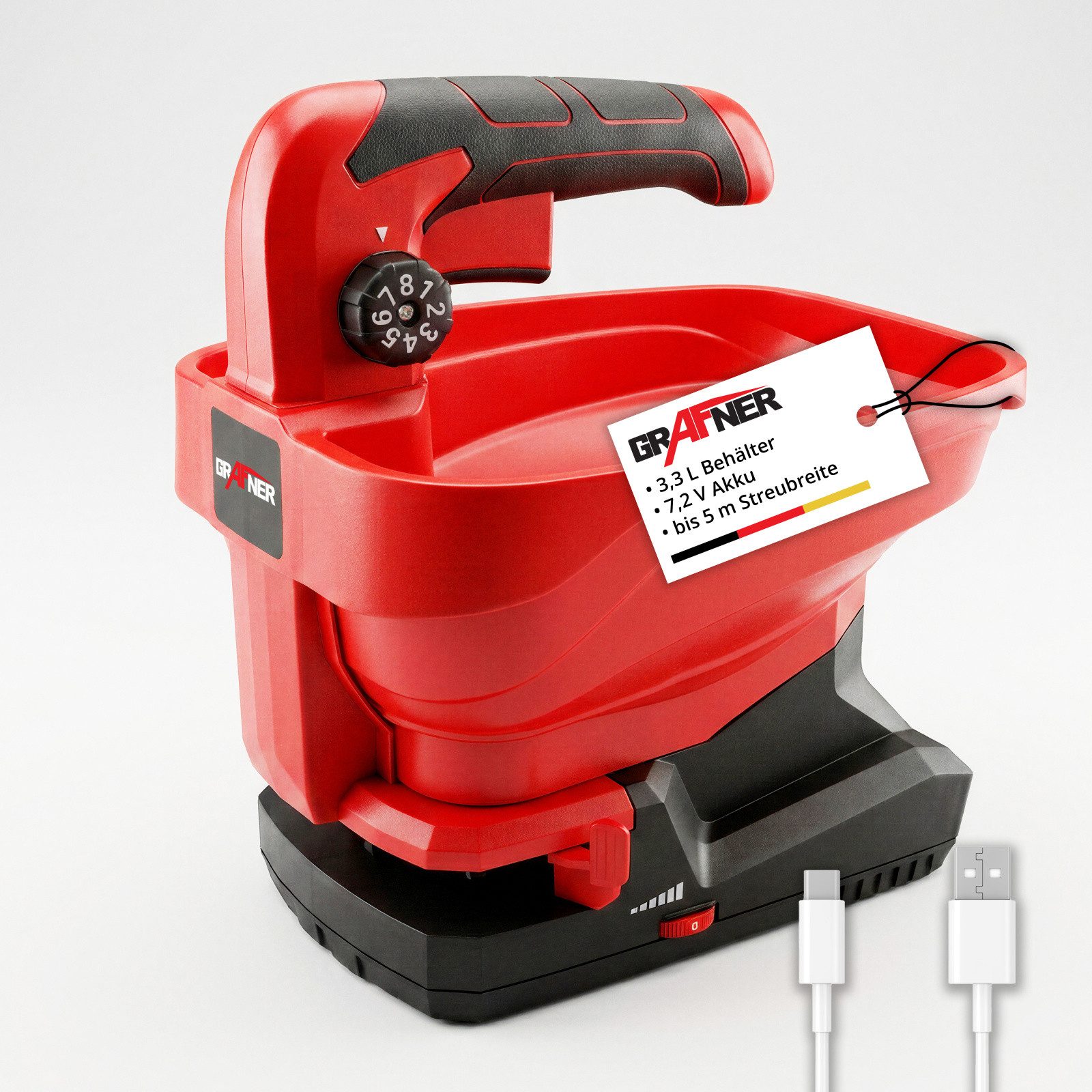 Grafner Streuwagen Grafner® Akku-Düngerstreuer incl. Akku, 3,3 L, 5 m Weite, 8 Stufen, US, 500 cm Arbeitsbreite, 3.3 l Füllmenge, ideal für Dünger Rasensaat Streusalz Hand Streuer