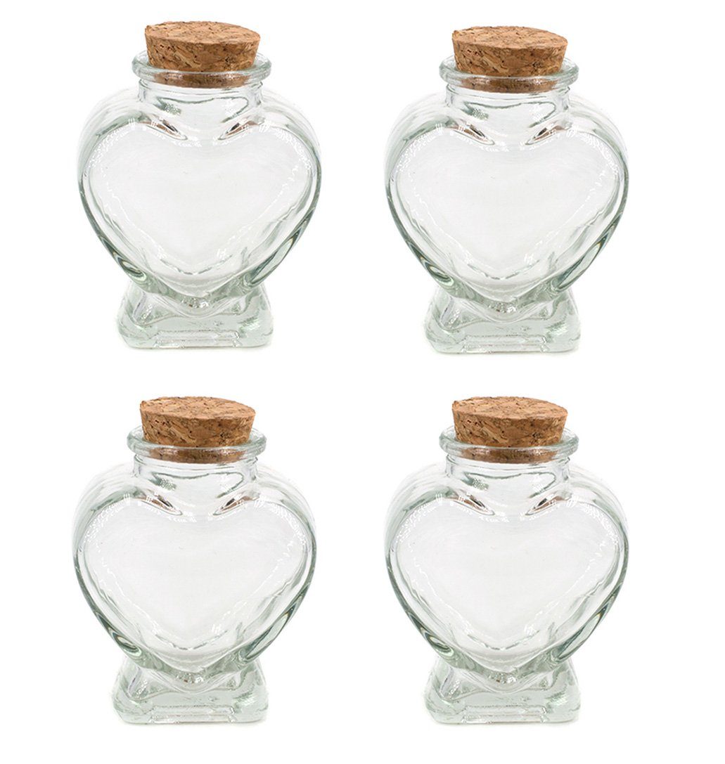 Creativery Deko-Glas, Glasflaschen mit Korken Herz Form 8cm klar transparent 70ml, 4er Set