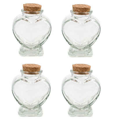 Creativery Deko-Glas, Glasflaschen mit Korken Herz Form 8cm klar transparent 70ml, 4er Set