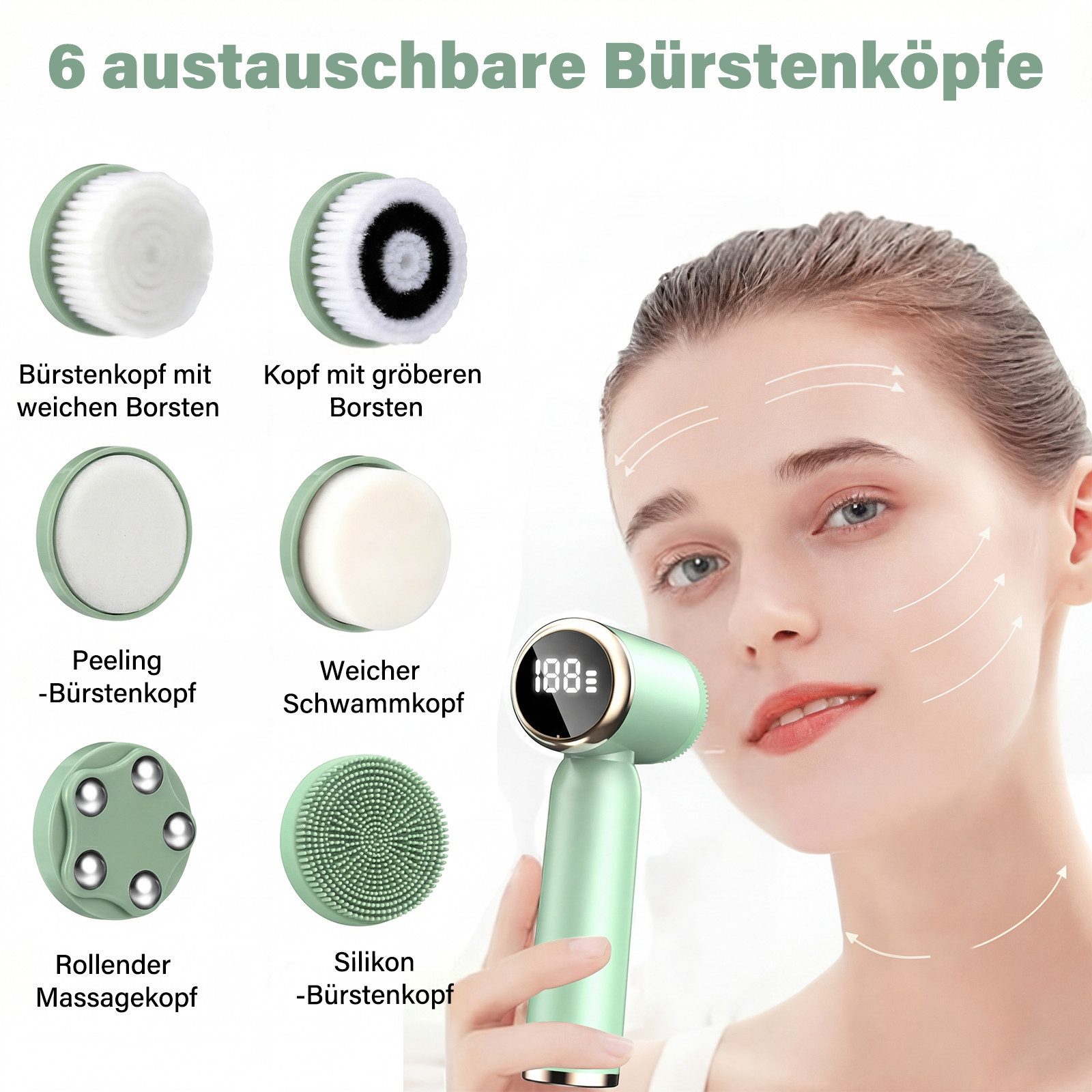 MOPUEA Elektrische Gesichtsreinigungsbürste Elektrische 6-in-1 Reinigungsbürste mit 6-Bürstenköpfen 3 Modi, 1-tlg.