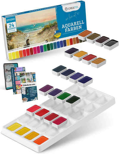 CreaTek Aquarellfarbe Set 24 leuchtende hochpigmentierte Farben unglaublich ergiebig, Hochpigmentiert