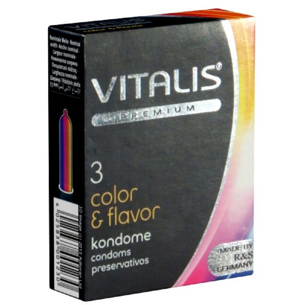 VITALIS Kondome PREMIUM Color & Flavour (bunte aromatische Kondome) kleine Packung mit, 3 St., Kondome für aufregenden Oralverkehr, drei verschiedene Sorten im Mix, zuverlässig, sicher und angenehm im Gebrauch