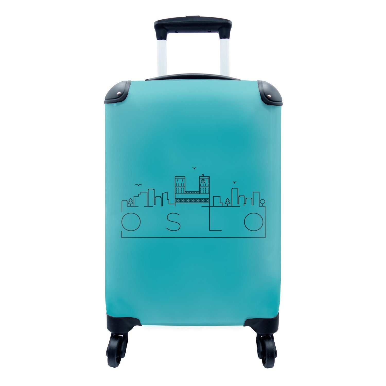 MuchoWow Handgepäckkoffer Skyline "Oslo" blau, mit Handgepäck Reisetasche Ferien, rollen, Rollen, 4 Trolley, Reisekoffer für