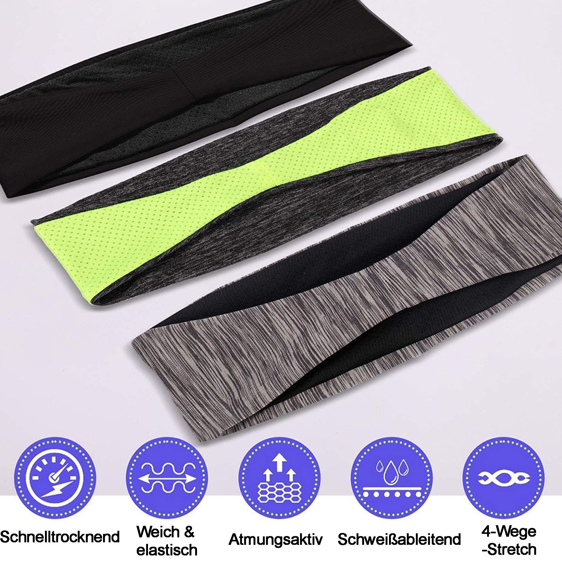 Mutig Stirnband Sport Stirnband 3 Stück, Damen & Herren Stirnband (Schweißband, Stirnband Anti Rutsch, Atmungsaktiv und elastisch, 3-St., Highly Stretchy Haarba – Bild 3 von 5