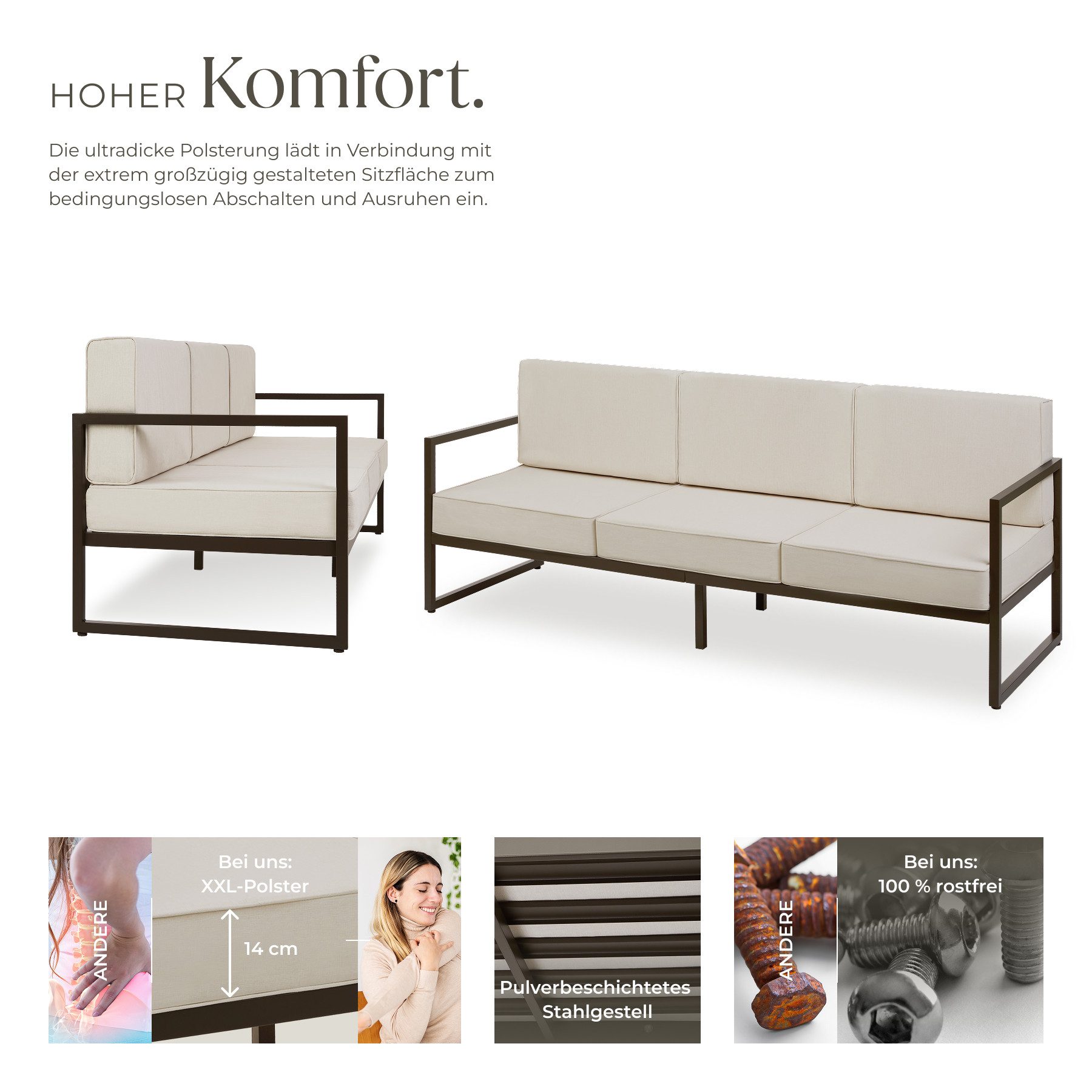 tectake Essgruppe Garten-Loungesofa mit Stahlgestell, 210 x 78 x 85 cm, (Gartensofa Comosa, 1-tlg., in braun/beige), Dicke Sitzpolster, wasserabweisende, abnehmbare Polyesterbezüge