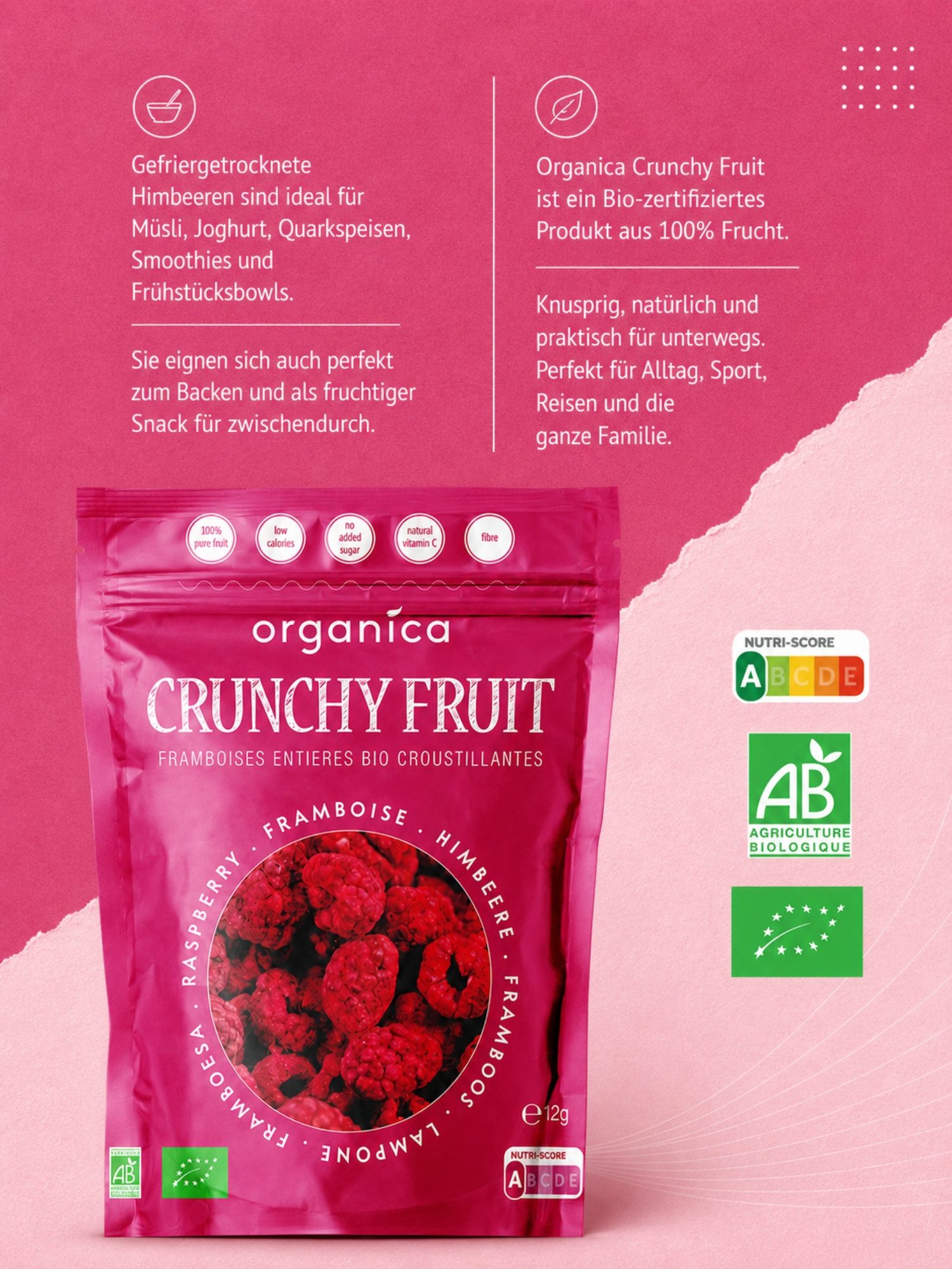 Organica Trockenfrüchte Gefriergetrocknete Bio-Himbeeren, knuspriger Fruchtsnack, 1 x 12 g, Bio-zertifiziert, 100 % Frucht, Ohne Zuckerzusatz, Nutri-Score A