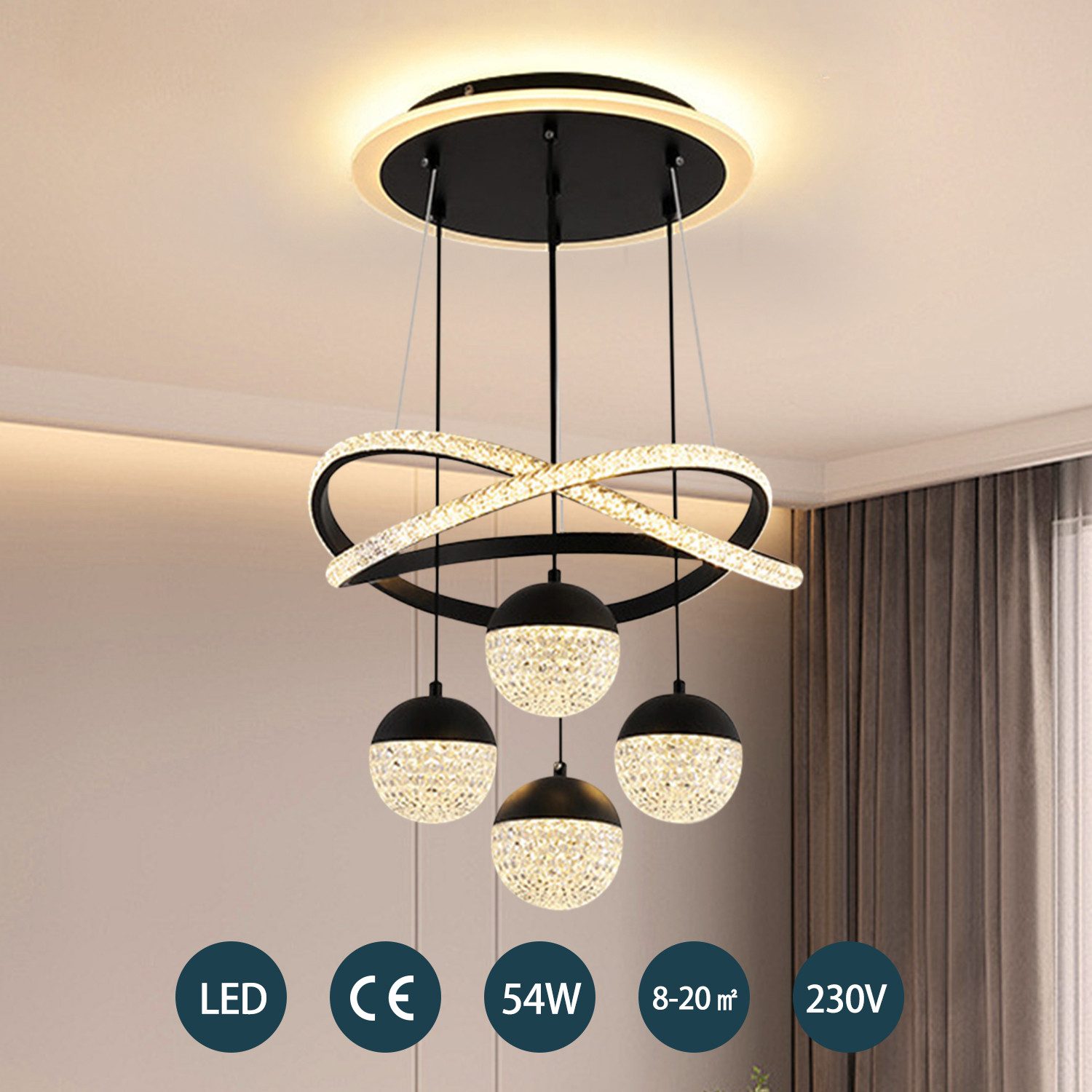 JDONG Pendelleuchte Dimmbar mit Fernbedienung 54W LED Pendellampe, 100CM Höhenverstellbar, Kronleuchter Kristall, Für Wohnzimmer Schlafzimmer Arbeitszimmer Büro – Bild 3 von 5