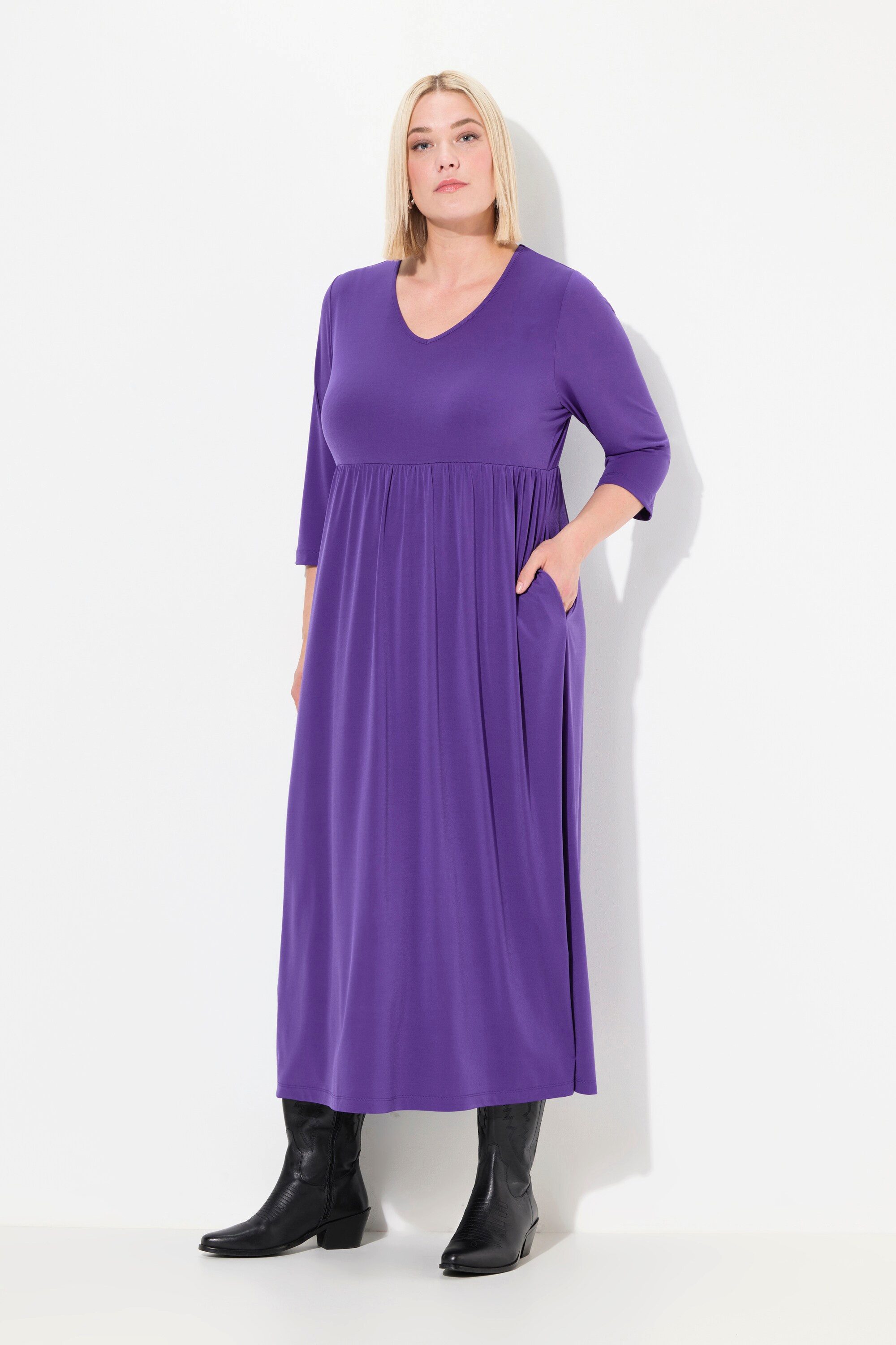 Maxikleid Jerseykleid A-Linie V-Ausschnitt 3/4-Arm Taschen