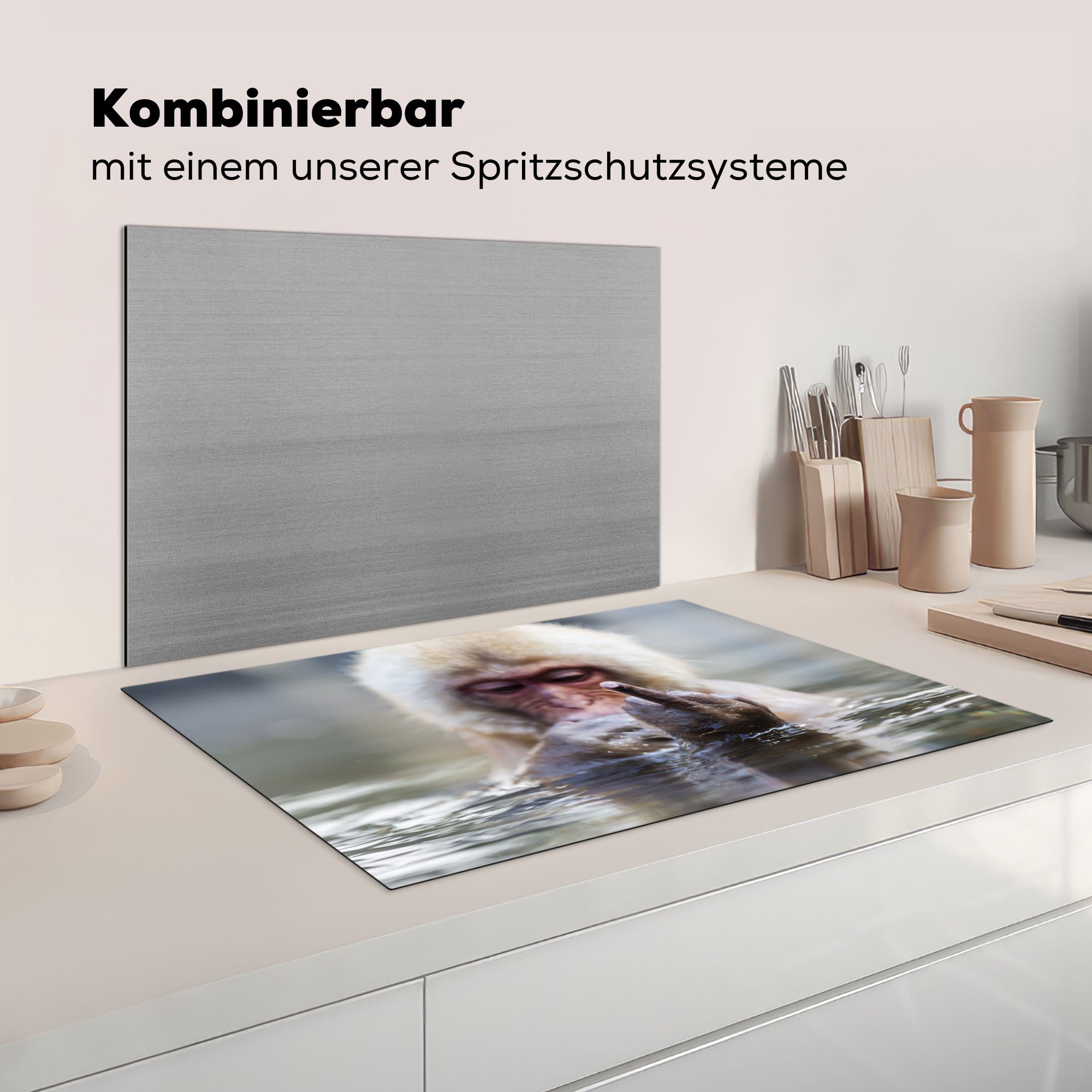 - küche, Affe cm, 81x52 Wasser tlg), Ceranfeldabdeckung (1 Schutz Herdblende-/Abdeckplatte MuchoWow für Bad, Induktionskochfeld die Vinyl, -