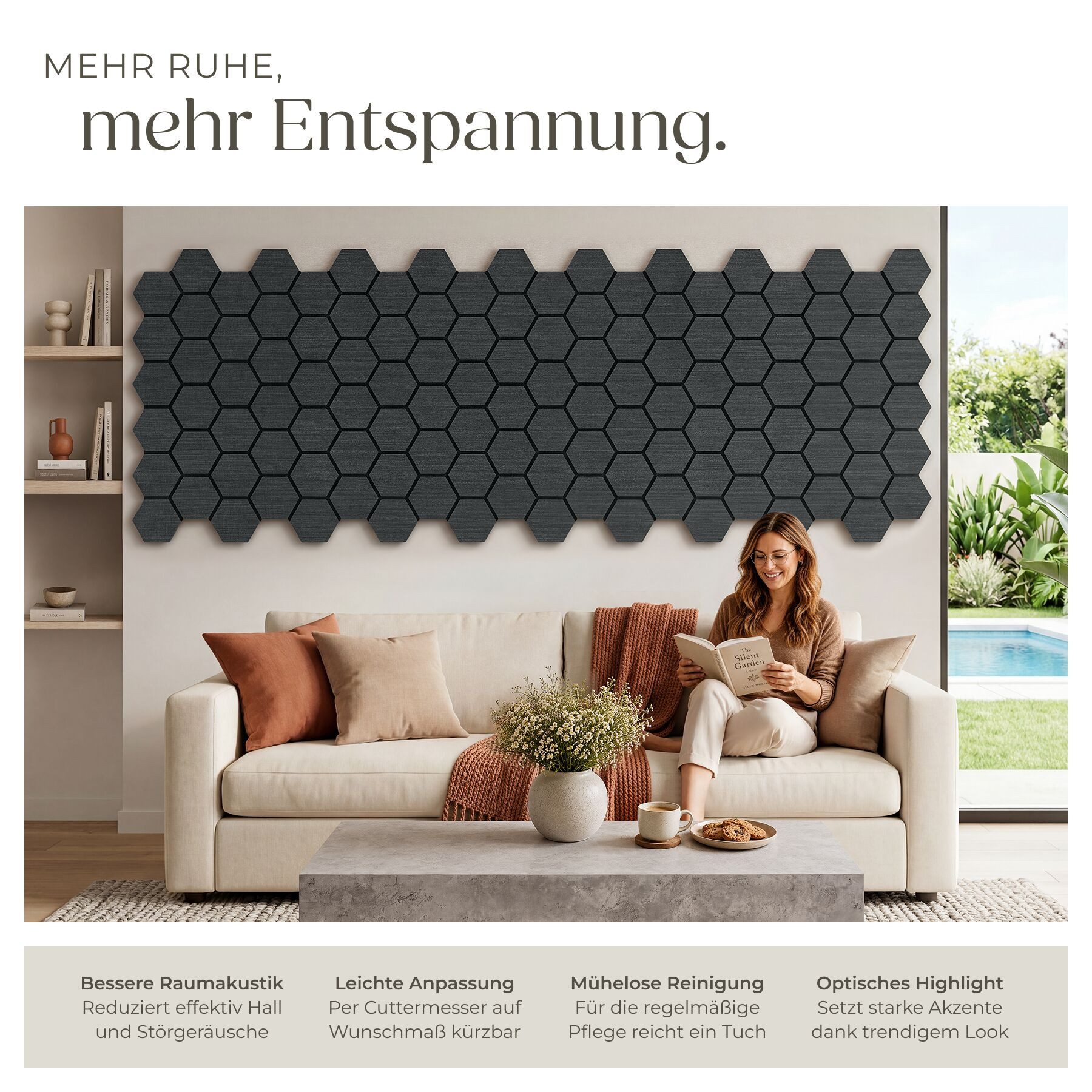 tectake Wandpaneel Akustikpaneele aus MDF und Echtholzfurnier, je 76 x 62 x 1,8 cm, BxL: 62x76 cm, 0.47 qm, (Schallschutzplatten mit Wabenmuster Sonic Shield, 4-tlg., Holzoptik in Eiche schwarz) schallabsorbierender Filz, einfache Montage mit Kleber oder Schrauben