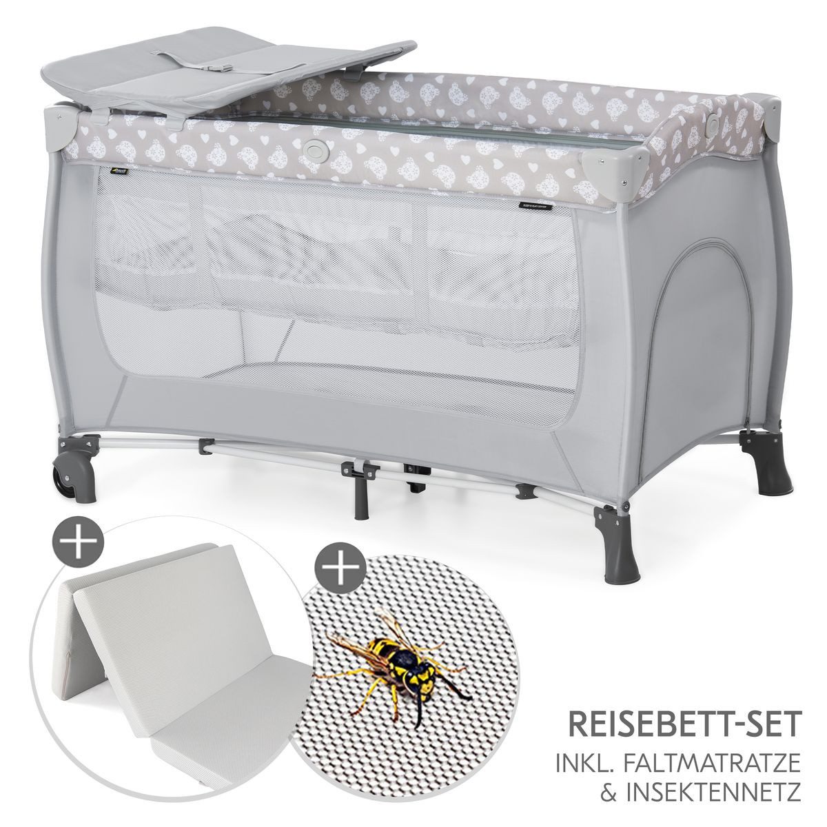 Hauck Baby-Reisebett Sleep N Play Center Set - Teddy - Grey, Kinderreisebett mit Matratze, Insektenschutz, Wickelauflage & Tasche