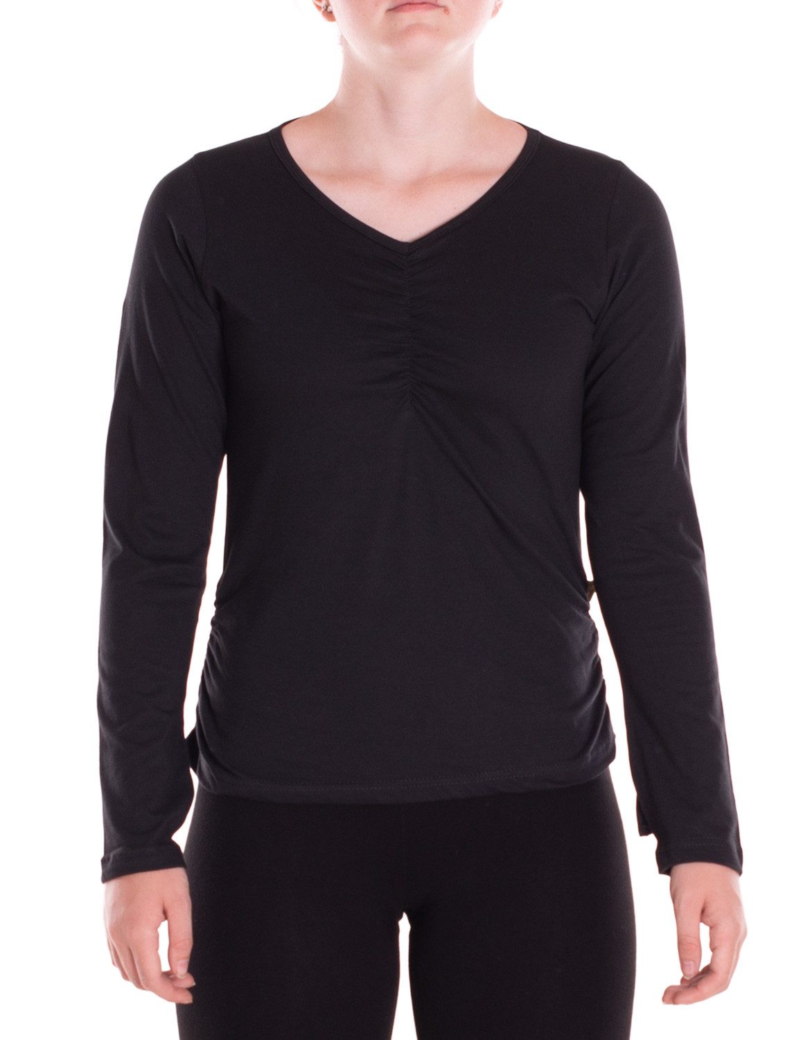 Vishes Langarmshirt Damen Gerafft V-Ausschnitt Baumwoll-Jersey Alternative Mode, Boho, Hippie, Ethno, Festival