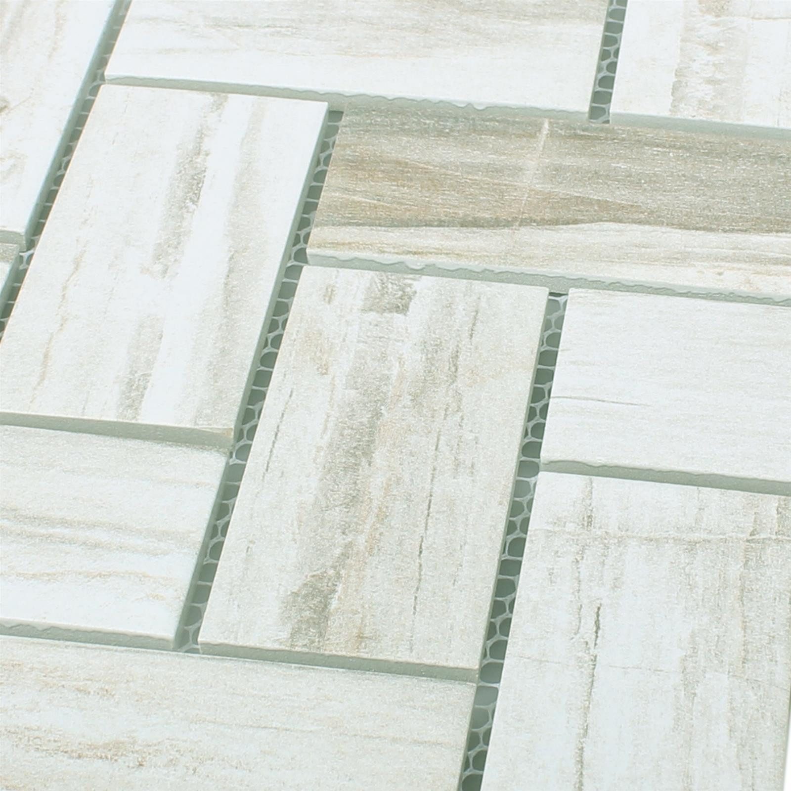 Mosafil Mosaikfliesen Keramik Holzoptik Mosaikfliesen Norfolk, Keramik 27.500x27.500, weiß-grau, Verlegefertig auf ein Netz geklebt - Frostsicher - Wasserfest