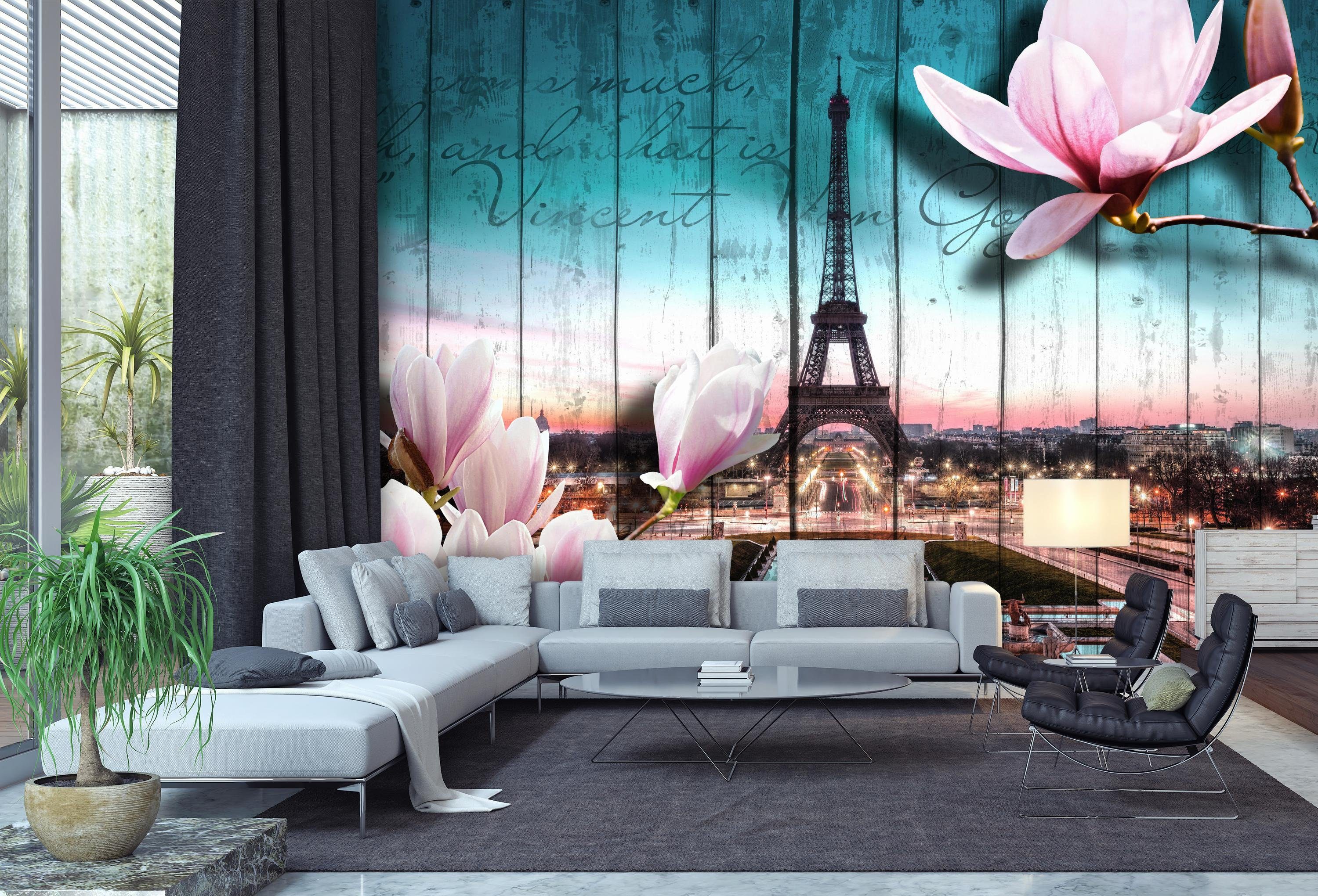 Paris Blüten glatt, matt, Motivtapete, Wandtapete, Holz Fototapete Eiffelturm, wandmotiv24 Vliestapete