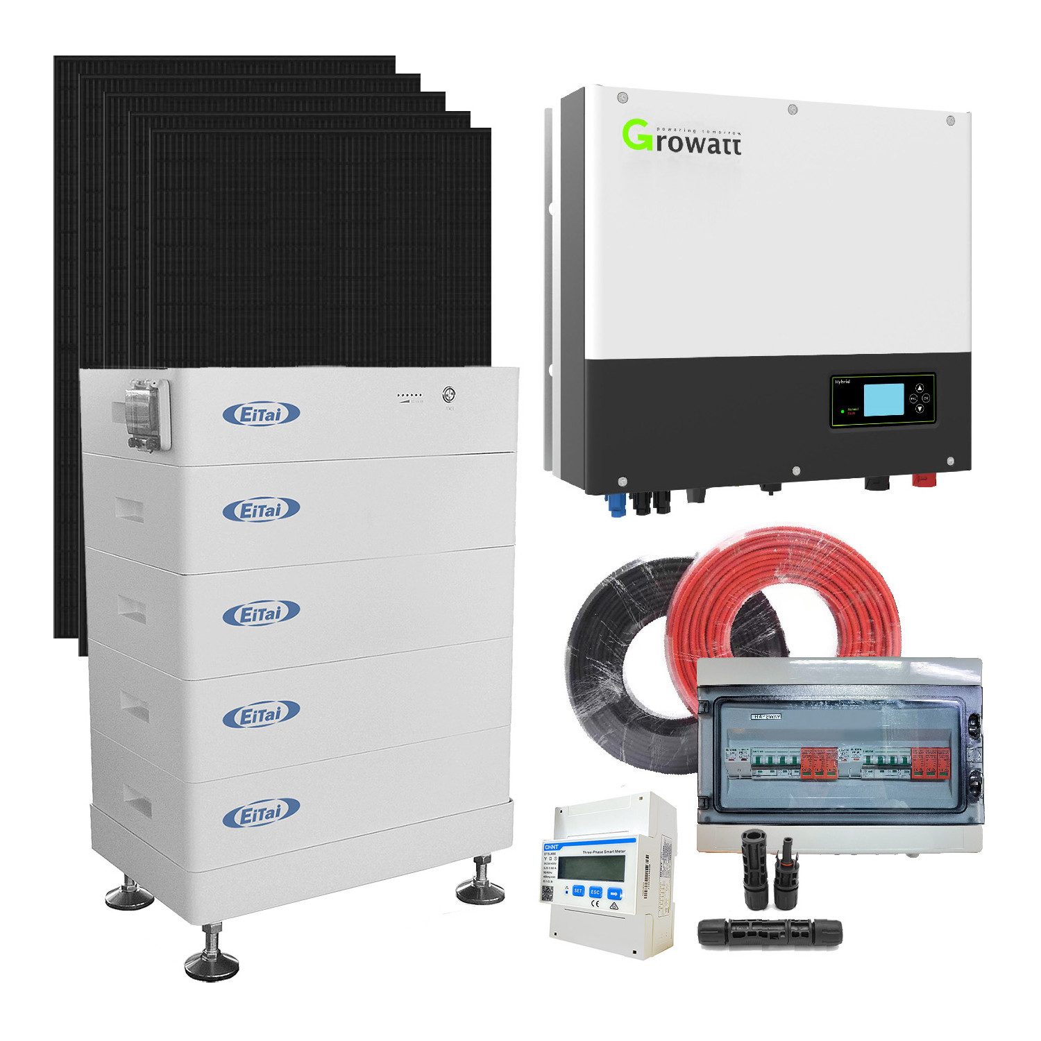 Hyrican Solaranlage 10,08 KWp PV-Anlage, 24x 420W Solarpanel, 1x 10KW Growatt Inverter, Monokristallin, (PV-Anlage, Komplettset mit Speicher), 1x LFP-Hochspannungsbatterie 23,04 KWh, 1x DC-Überspannungsschutz