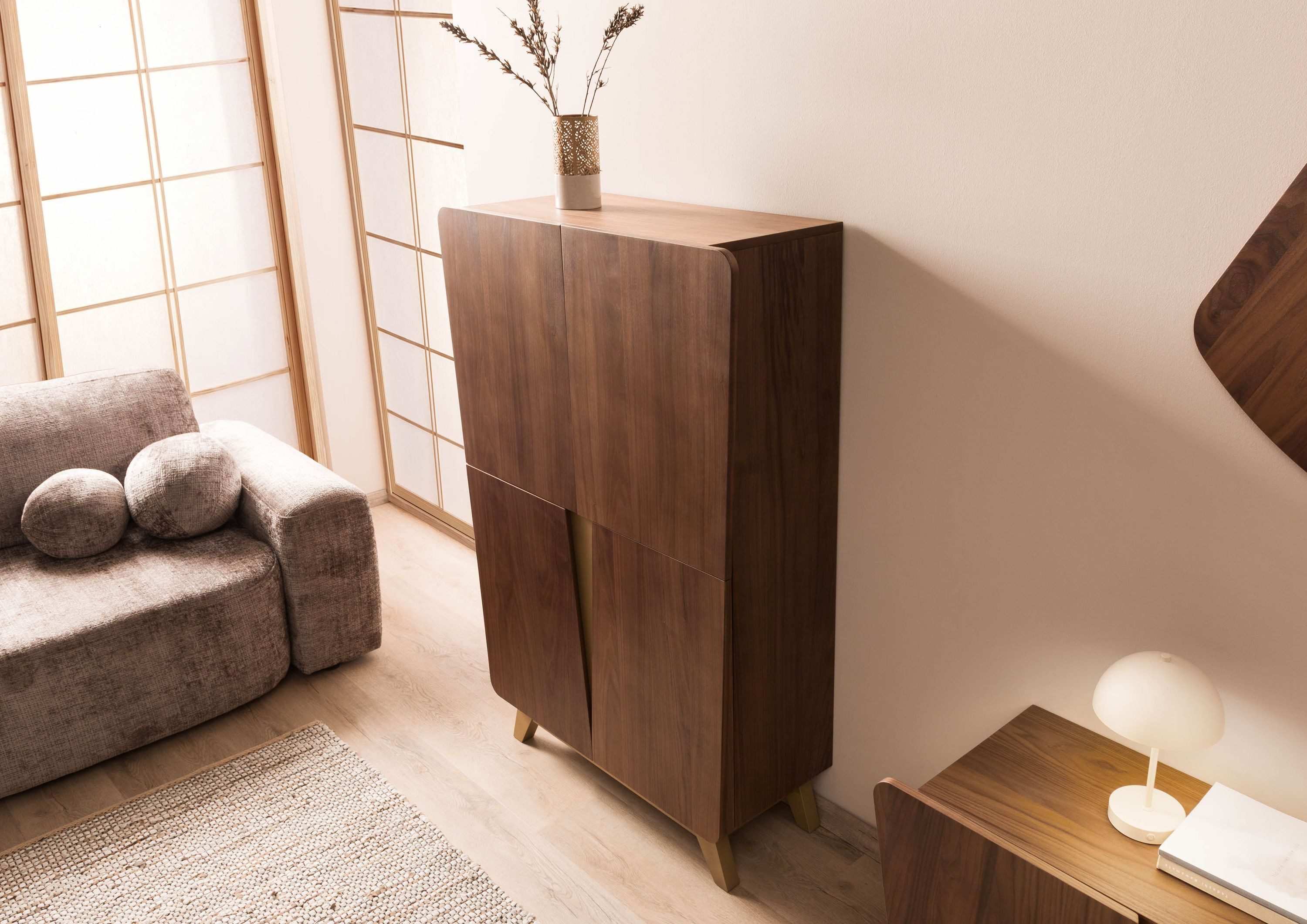 Massivmoebel24 Highboard BUTTERFLY (Massivholz), Nussbaum-Echtholzfurnier 100x40x145 braun lackiert BUTTERFLY #105