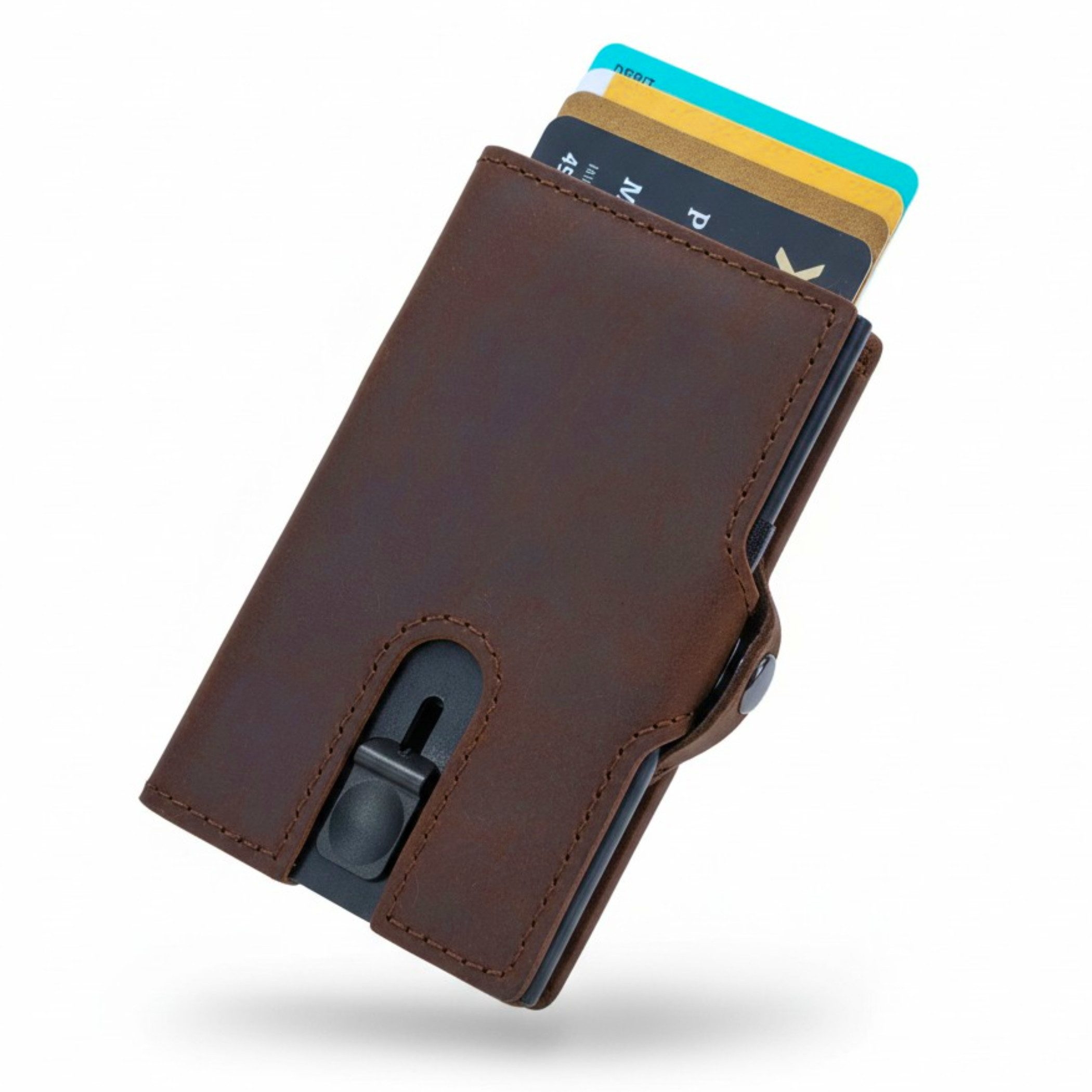 Mini Geldbörse Kartenetui Echtleder RFID mit Front-Schieberegler und Münzfach