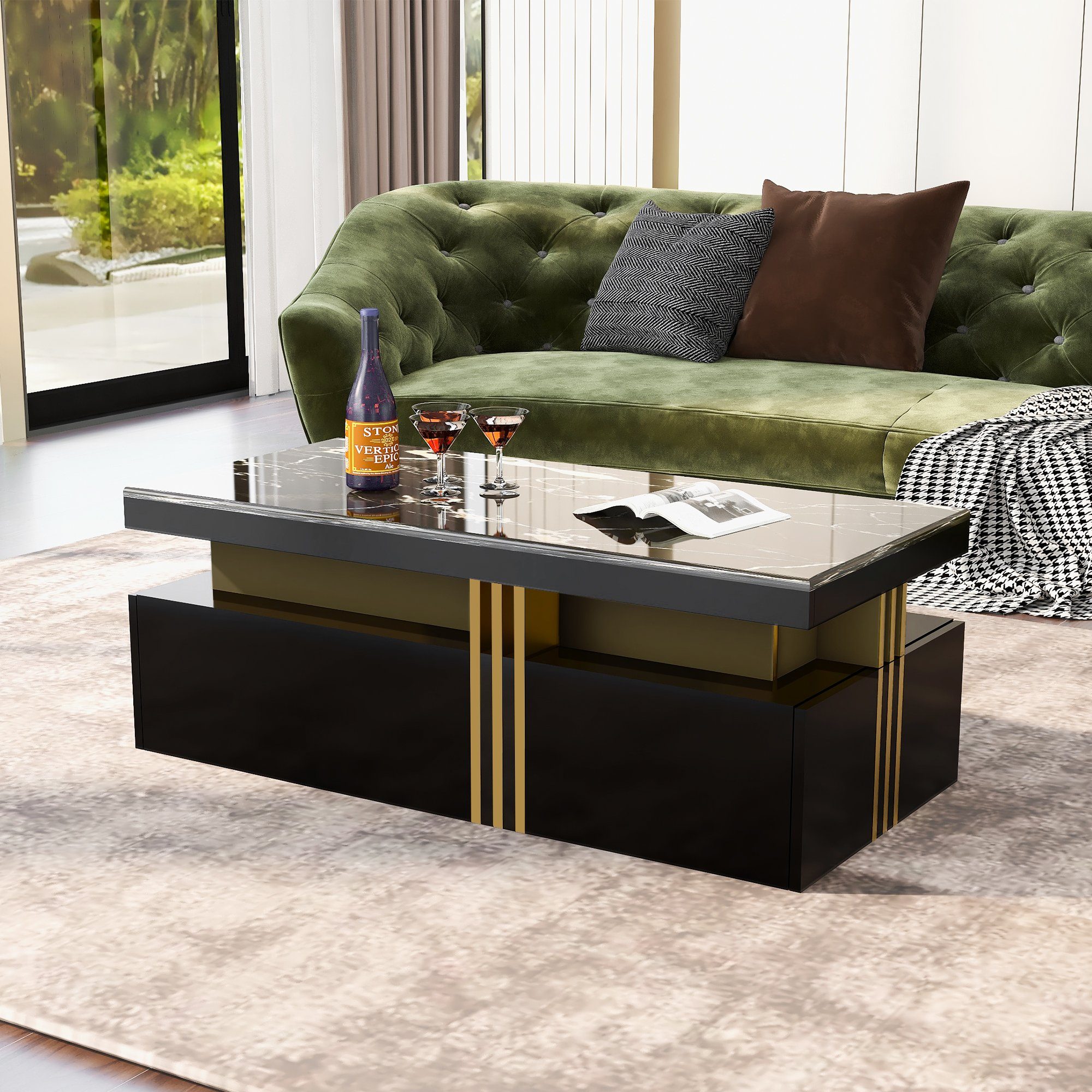 Merax Couchtisch mit Schubladen und Tischplatte in Marmoroptik, Beistelltisch aus Holz mit goldenen Dekor, Wohnzimmertisch Industrial – Bild 3 von 5
