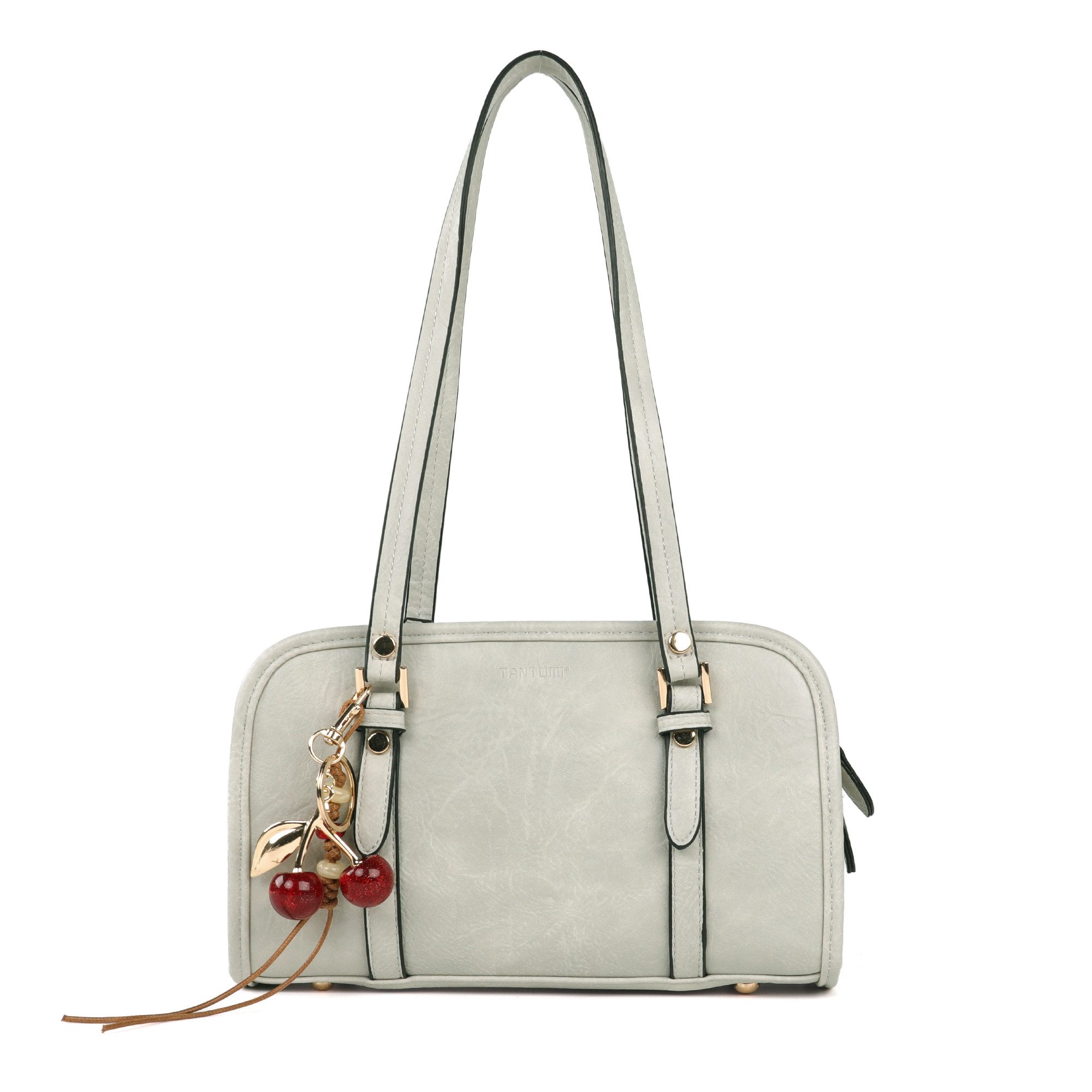 TANTOMI Handtasche Damen Umhängetasche Klein mit Kirsch-Anhänger, Elegant Shoulder Bag Schultertasche Damen Boston Tasche