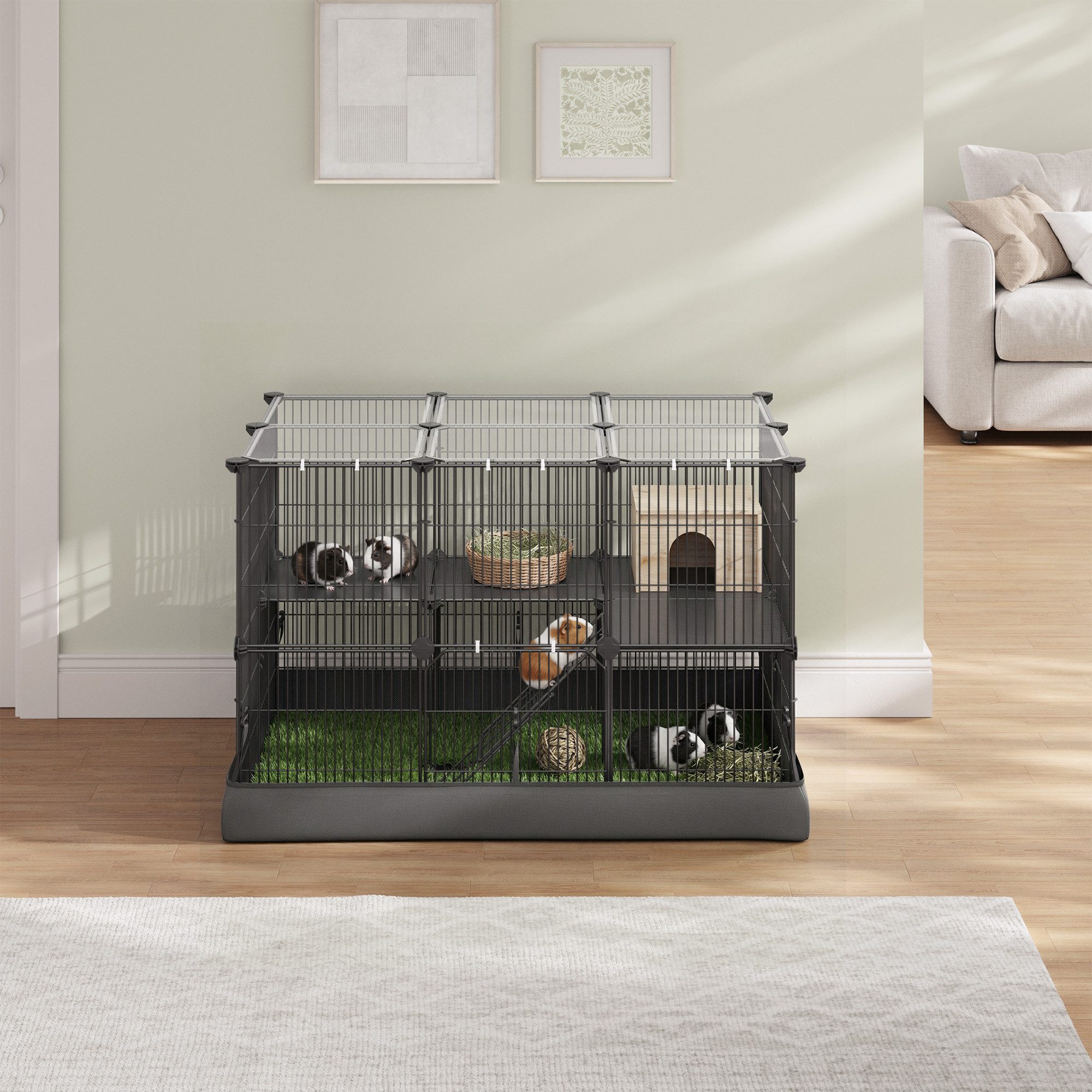 SONGMICS Kleintierkäfig 2-stöckiges Gehege, Freilaufgehege, wasserresistente Unterlage, für Kaninchen, Meerschweinchen, mit 35 Platten, 93 x 63 x 61,5 cm