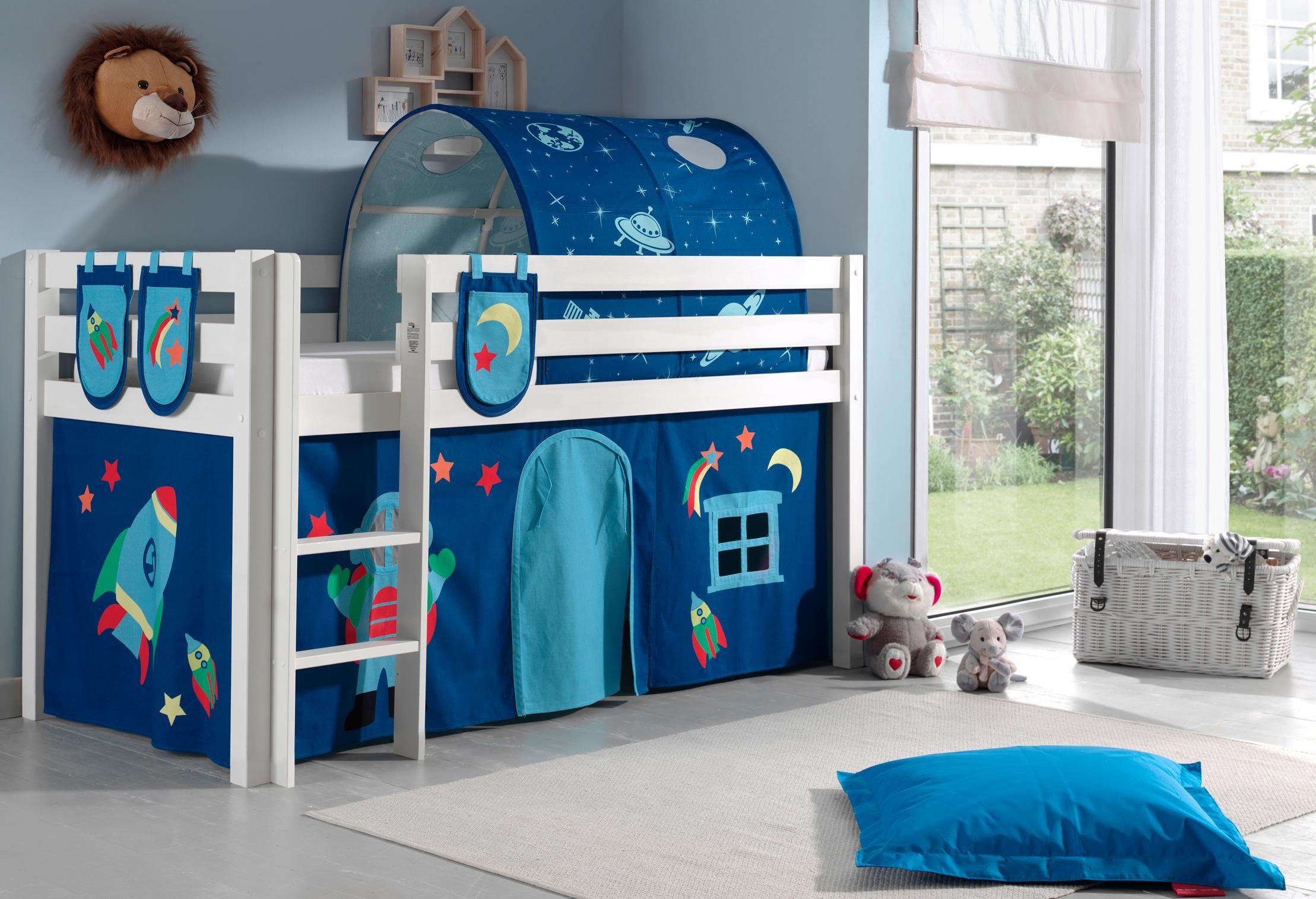 Vipack Hochbett Pino (Made in Europe) Massivholz, Textil-Design, wahlweise mit Rutsche und Bett-Tunnel
