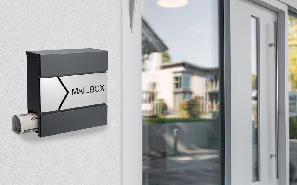 monzana Wandbriefkasten, Design Stahl anthrazit mit Zeitungsfach 2 Schlüssel Wandbriefkasten