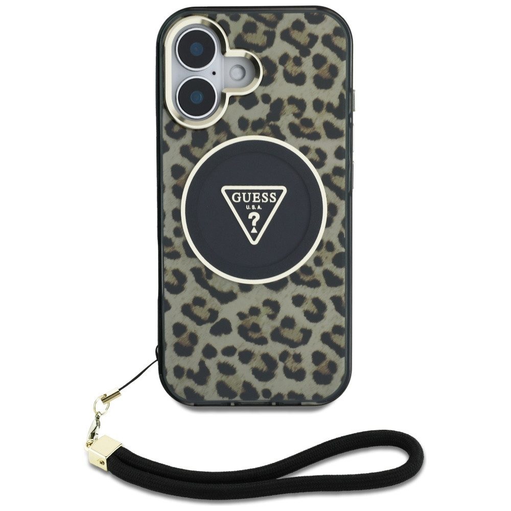 Guess Handyhülle Schutzhülle Smartphonehülle Trageschlaufe 6,1 Zoll, MagSafe, Leopardenmuster, Trageschlaufe, Hardcase