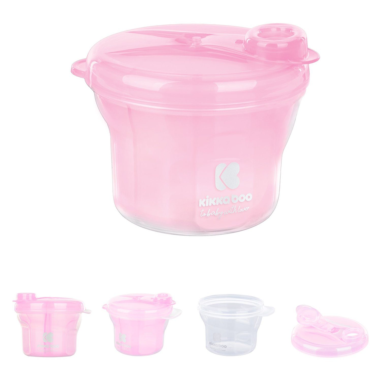 Kikkaboo Vorratsdose Milchpulver Behälter 2 in 1, Kunststoff, Snackbecher, drei Ablagefächer, Deckel pink