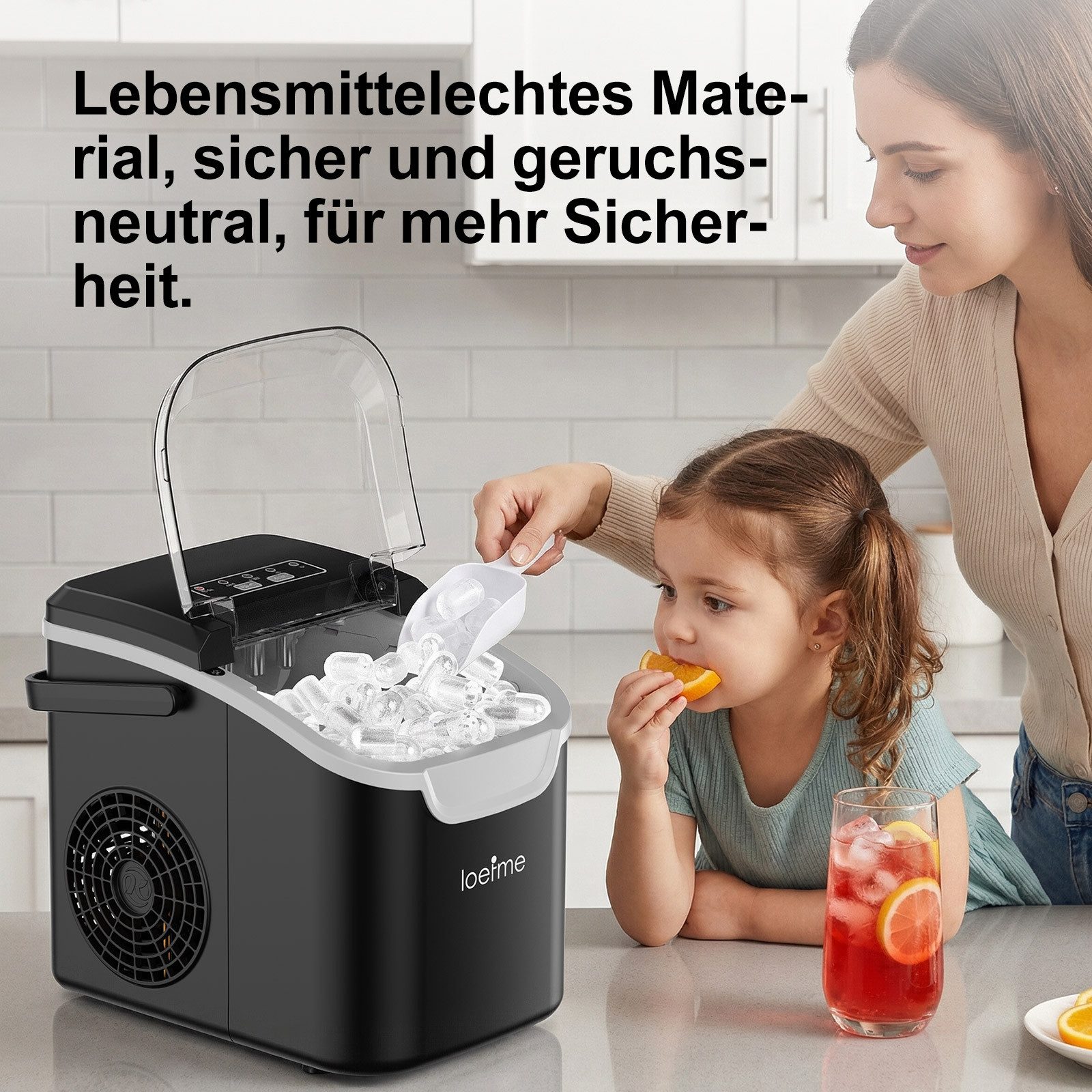 loefme Eiswürfelmaschine Tragbarer Eiswürfelbereiter, 6 Minuten Schnellproduktion, Selbstreinigung, leiser Betrieb, 12KG/24H, für Zuhause Party – Bild 5 von 5