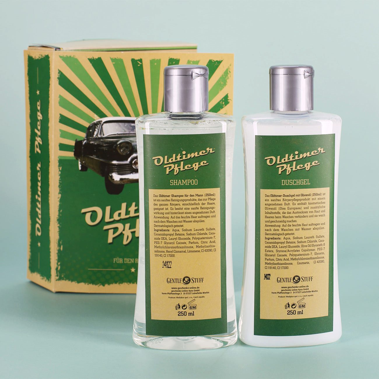 Herz & Heim Pflege-Geschenkset "Oldtimer Pflege" - Lustiges Geschenk für Männer zum Geburtstag, 1x Duschgel (250 ml), 1x Shampoo (250 ml) – Bild 3 von 5