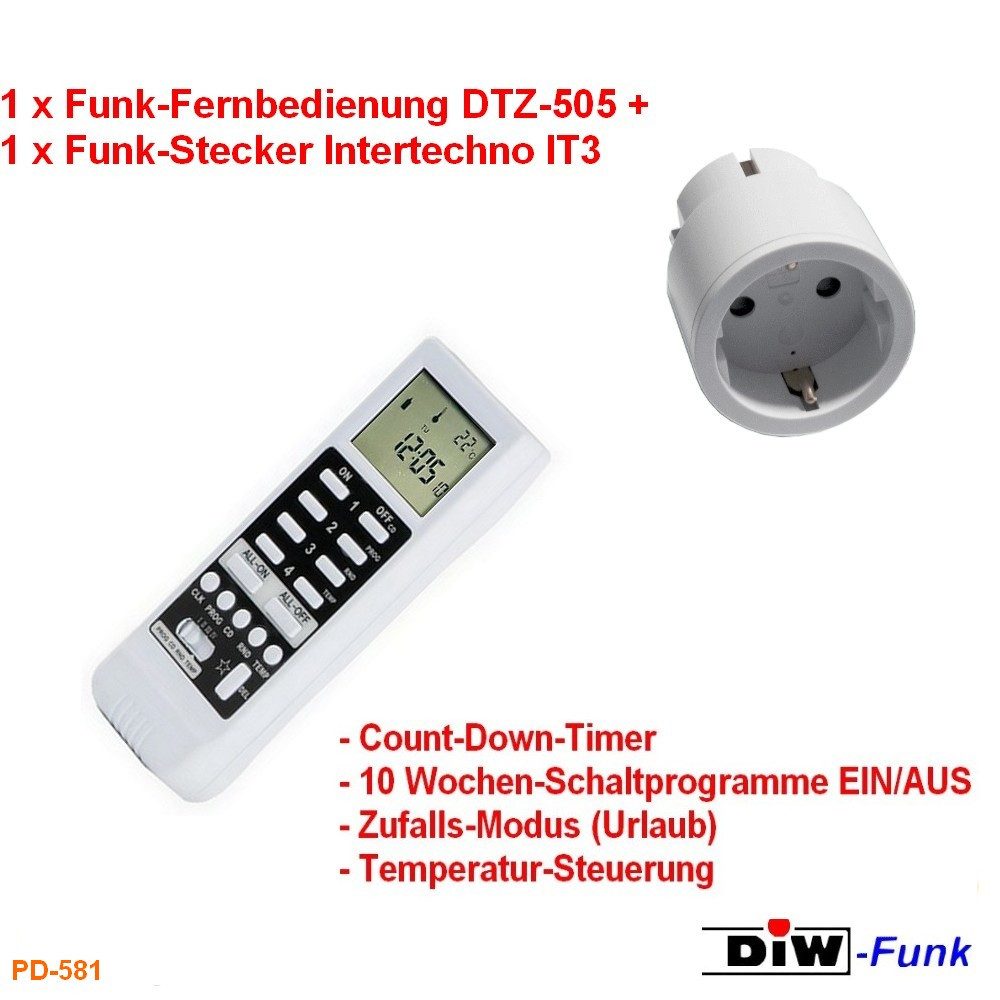 DIW-Funk Licht-Funksteuerung Intertechno Funk-Set: Timer DTZ-505+1-5 Funkstecker IT-3 zur Auswahl, für Innenbeleuchtung, Aussenbeleuchtung in geschuetzten Bereichen, Kaffeemaschinen, Ventilatoren, Heizluefter, Klimageraete, Aquariumtechnik, Poolpumpen, Pflanzenbeleuchtung, Anwesenheitssimulation im Urlaub, zeitgesteuerte Steuerung von Haushaltsgeraeten, Spar-Set, 1-tlg., Komplettset mit gewünschter Steckeranzahl, Kabellose Funksteuerung, Anwesenheitssimulation, Temperatursteuerung