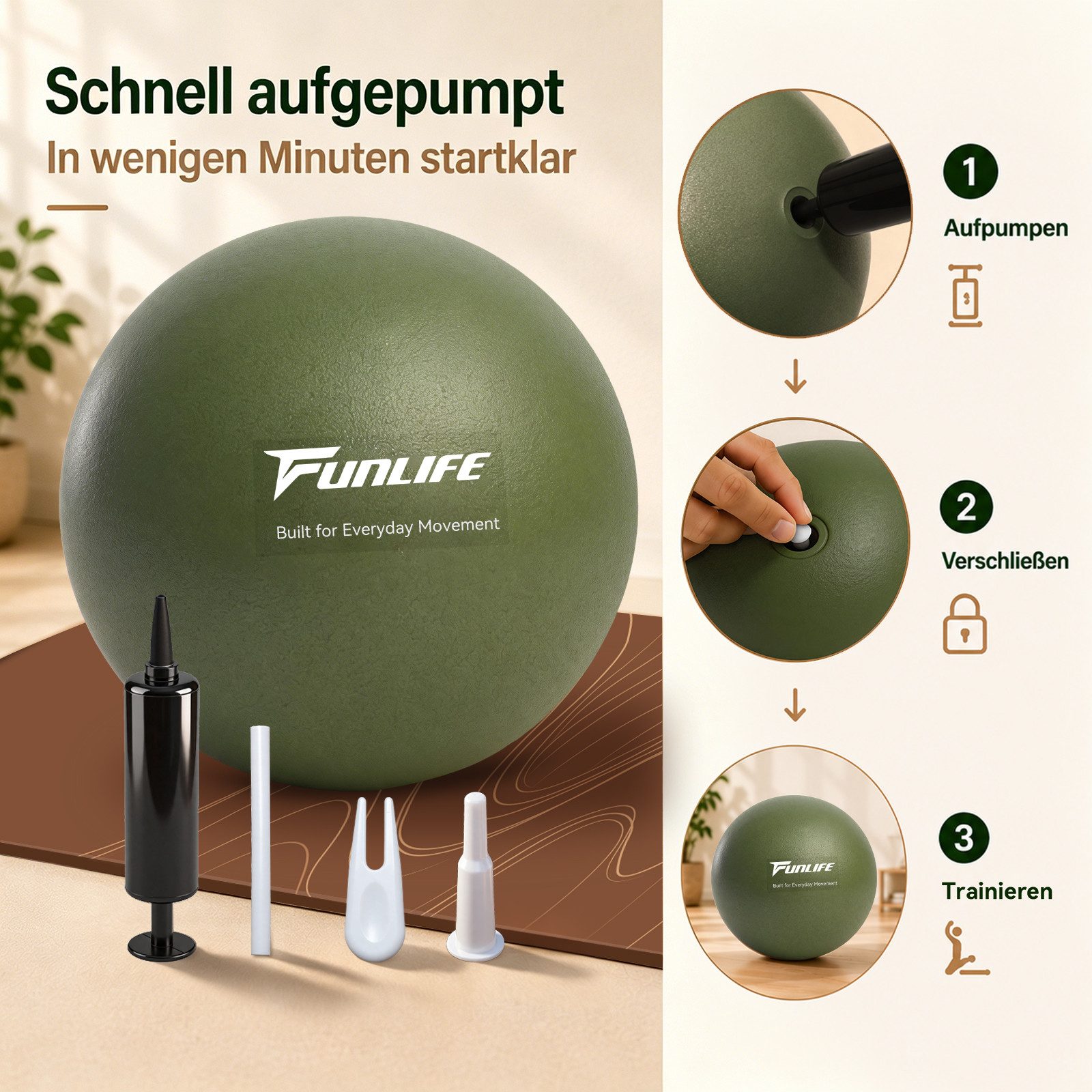 FunLife Pilatesball CORE 25 (Pilatesball-Set, 1 Pilates Ball, Ø 25 cm, 1 Handpumpe, Verschlussstopfen und Zubehör), Griffige Oberfläche, Luftdruck individuell anpassbar