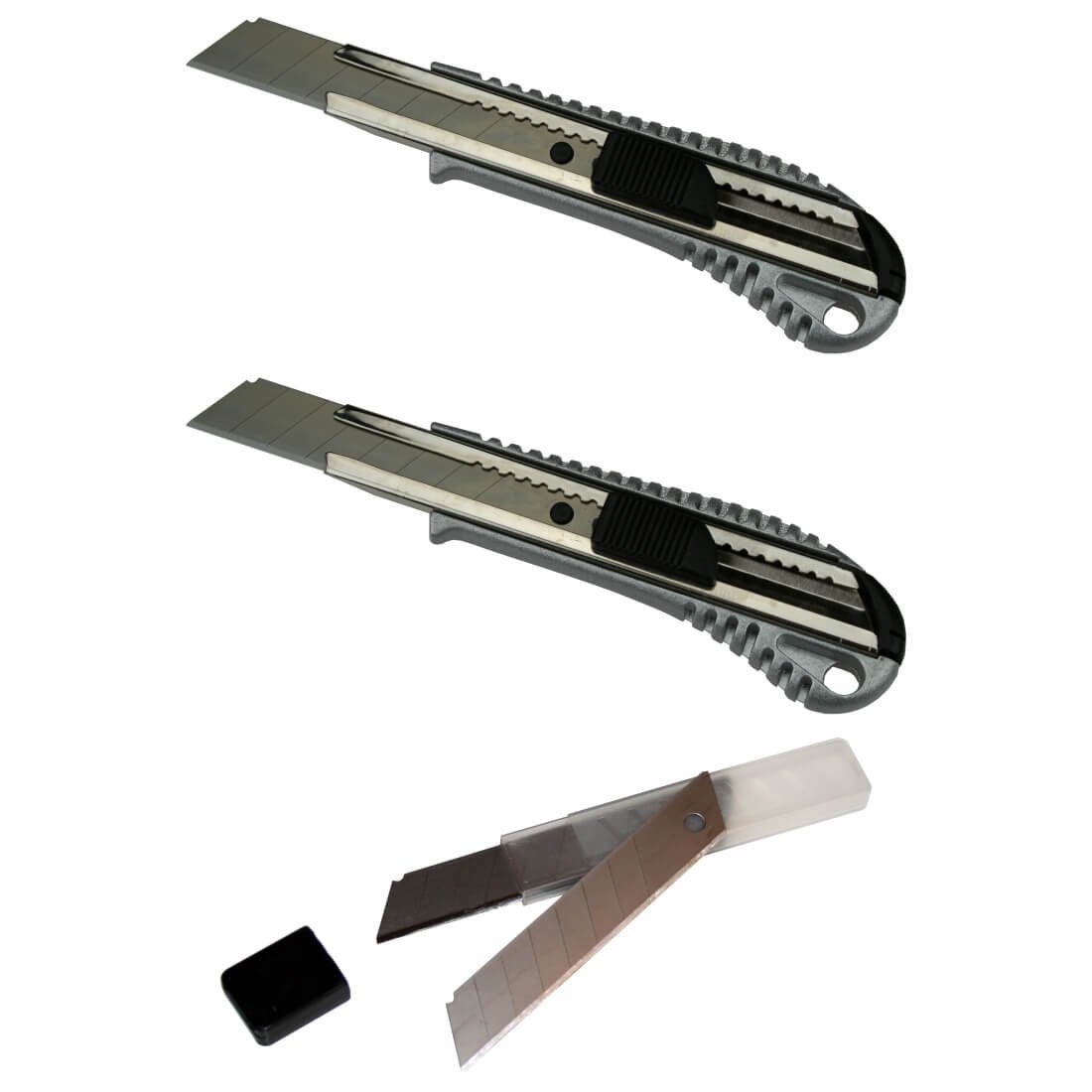 peveha24 Cuttermesser 2 Cuttermesser 18mm + 10 Cutter Abbrechklingen im Köcher