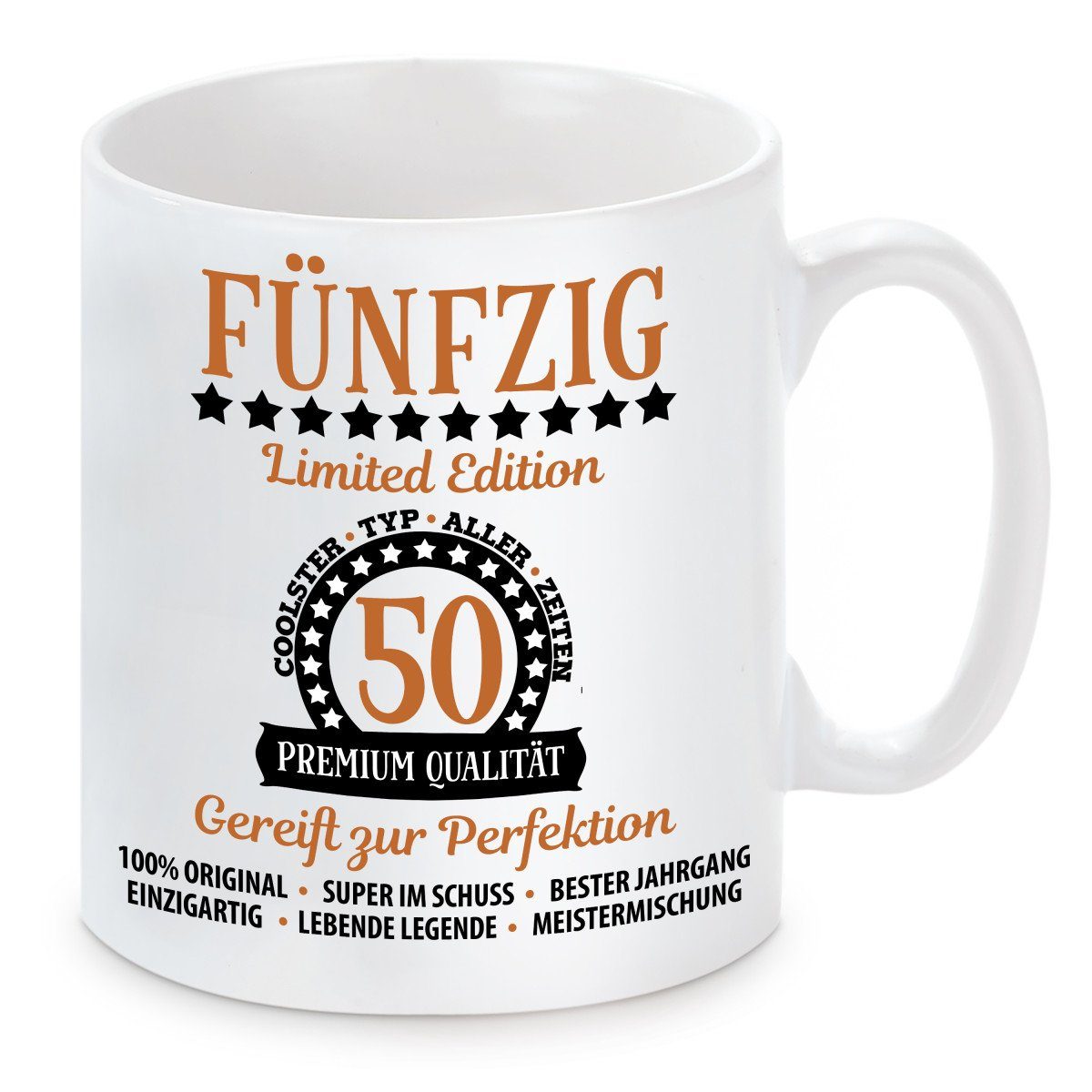 Herzbotschaft Tasse Kaffeebecher mit Motiv Fünfzig - 50 - Limited Edition, Keramik, Kaffeetasse spülmaschinenfest und mikrowellengeeignet