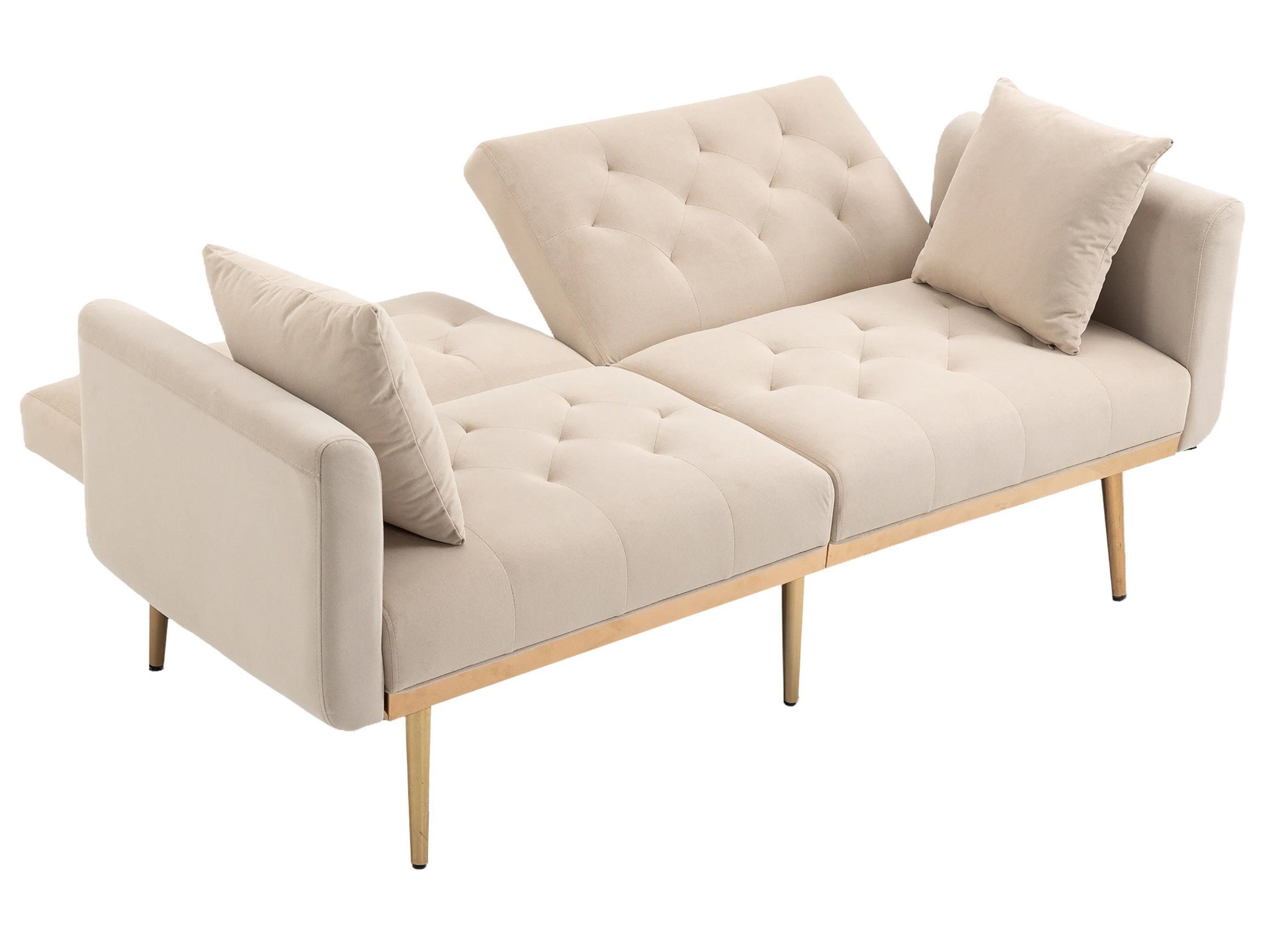 SeedWave Schlafsofa Verstellbares Faltsofa für 2-3 Personen in Samt, Doppelte Rückenlehne, (105°/120°/180), Mit 2 Kissen, Vergoldete Beine