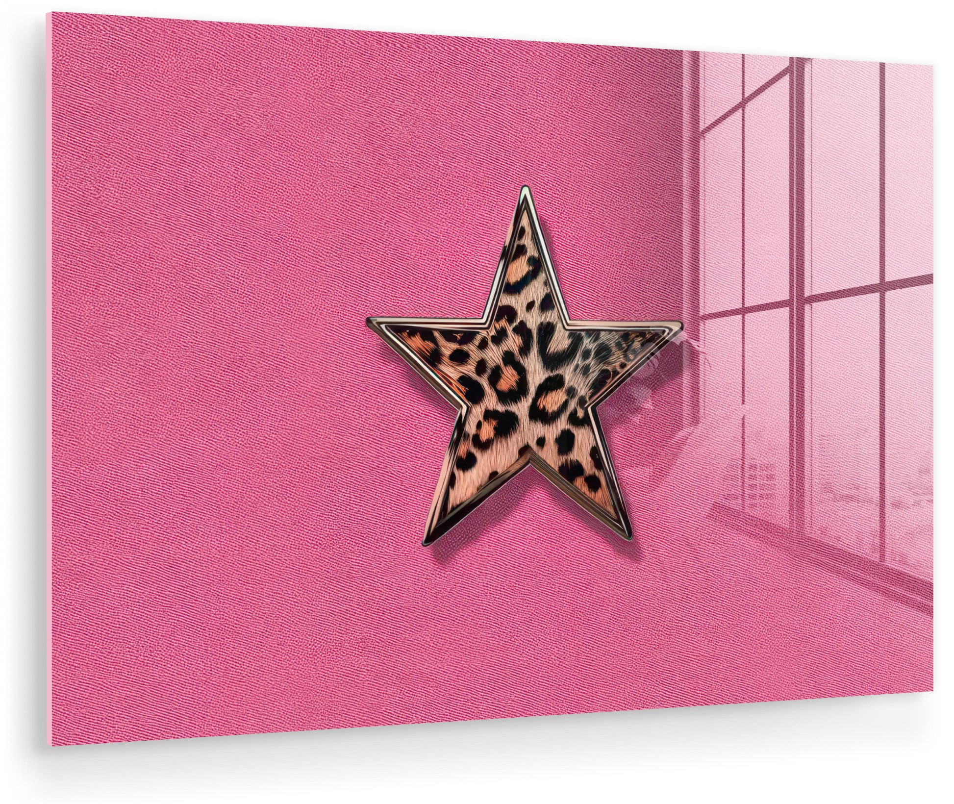 MuchoWow Acrylglasbild Stern - Leopard - Druck - Rosa, Inkl. Aufhängung, Glasbilder Wohnzimmer, Schlafzimmer, Flur & Esszimmer, 30x20 cm