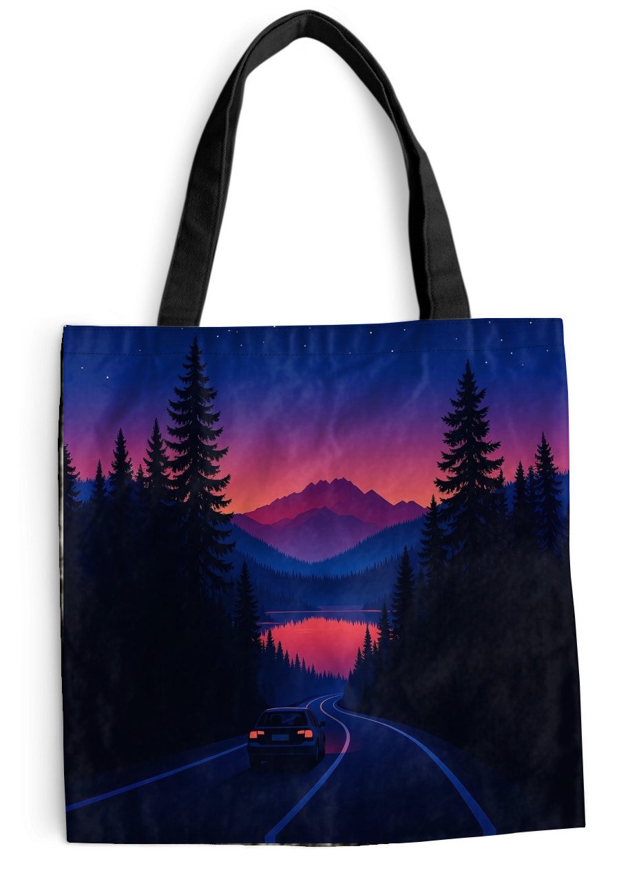MuchoWow Shopper Auto - Dunkle Kiefern - Sonnenuntergang, Handtasche, Damen und Herren, Schultertasche, Umhängetasche, Tote Bag