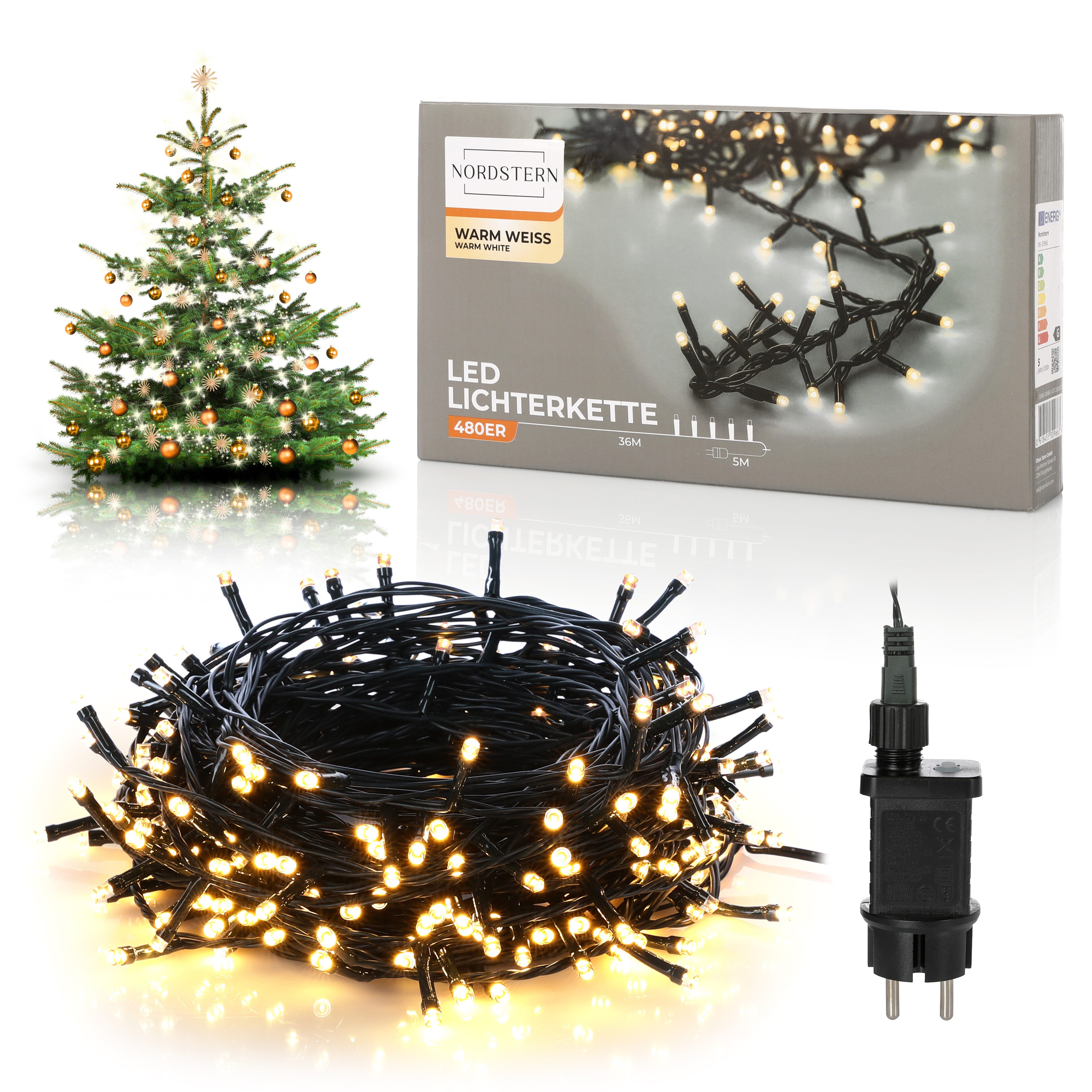 Nordstern LED-Lichterkette WarmWeiß von 24 bis 1.200 LED Weihnachtsdeko für Innen und Außen, mit Stecker 480 LED - 36 m für Weihnachtsbaum