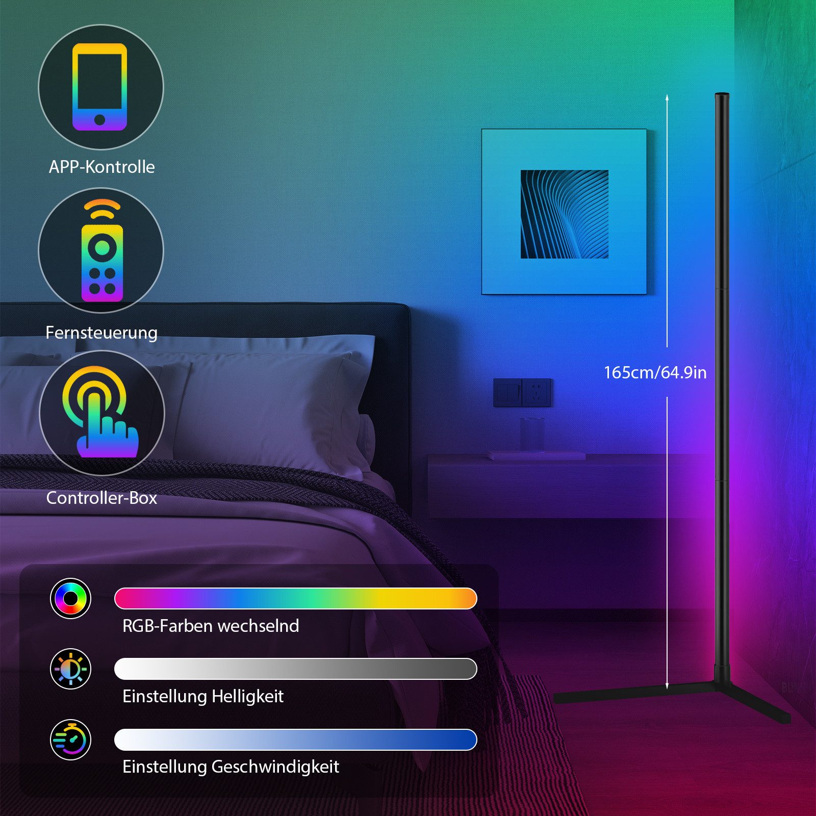 Lujasi LED Stehlampe Stehlampe Wohnzimmer 165cm, RGB Ecklampe Dimmbar mit Adapter 10W (APP), Hue, Stehlampe dimmbar, standleuchte, Mit Fernbedienung und APP, RGB Stehlampe, 16 Millionen Farben, Musikmodi, DIY-Modus & Timing -Funktion für Schlafzimmer