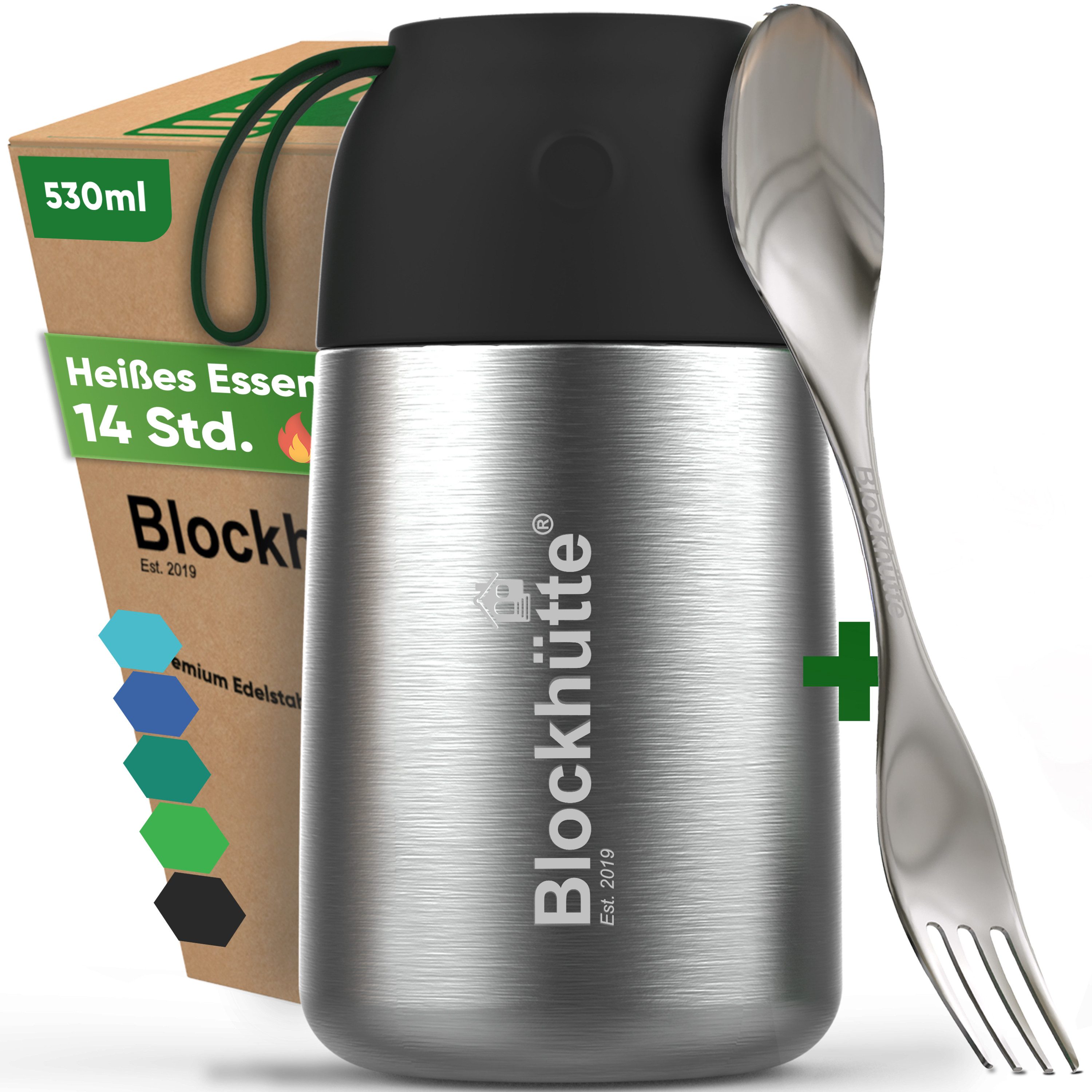 Blockhütte Thermobehälter 530ml, Edelstahl, Auslaufsicher, 14 Stunden heiß, 19 Stunden kalt