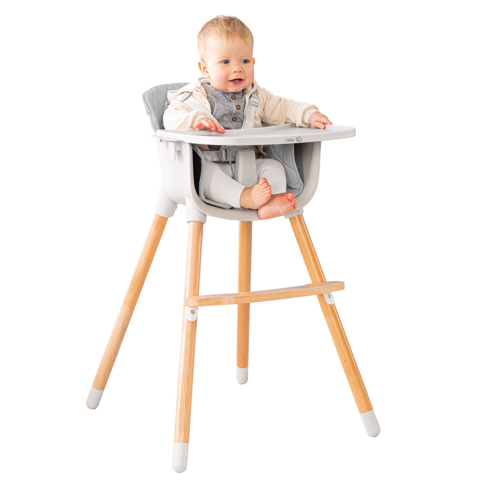 roba® Hochstuhl Kinderhochstuhl Style Up Wood, 2 in 1 inkl. Sitzpolsterung in grau