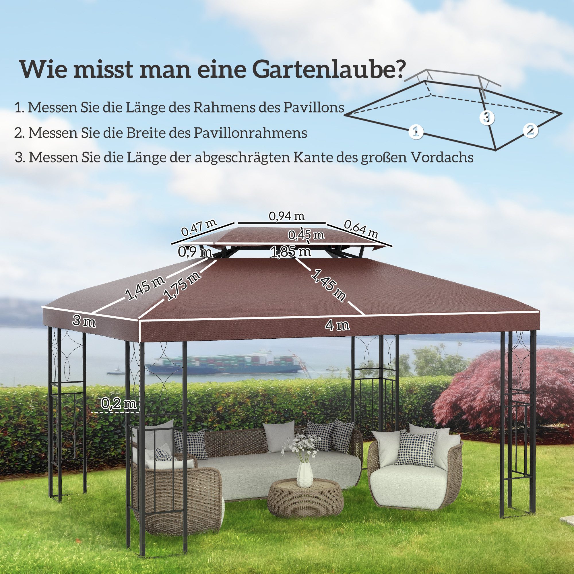 Outsunny Pavillon-Ersatzdach Ersatzdach 3 x 4 m wasserabweisend Pavillondach mit Doppeldach, 180 g/m², 400 x 400 cm (Ersatzdach, Gartenpavillonersatzdach), für Gartenpavillon, Polyester, Kaffee
