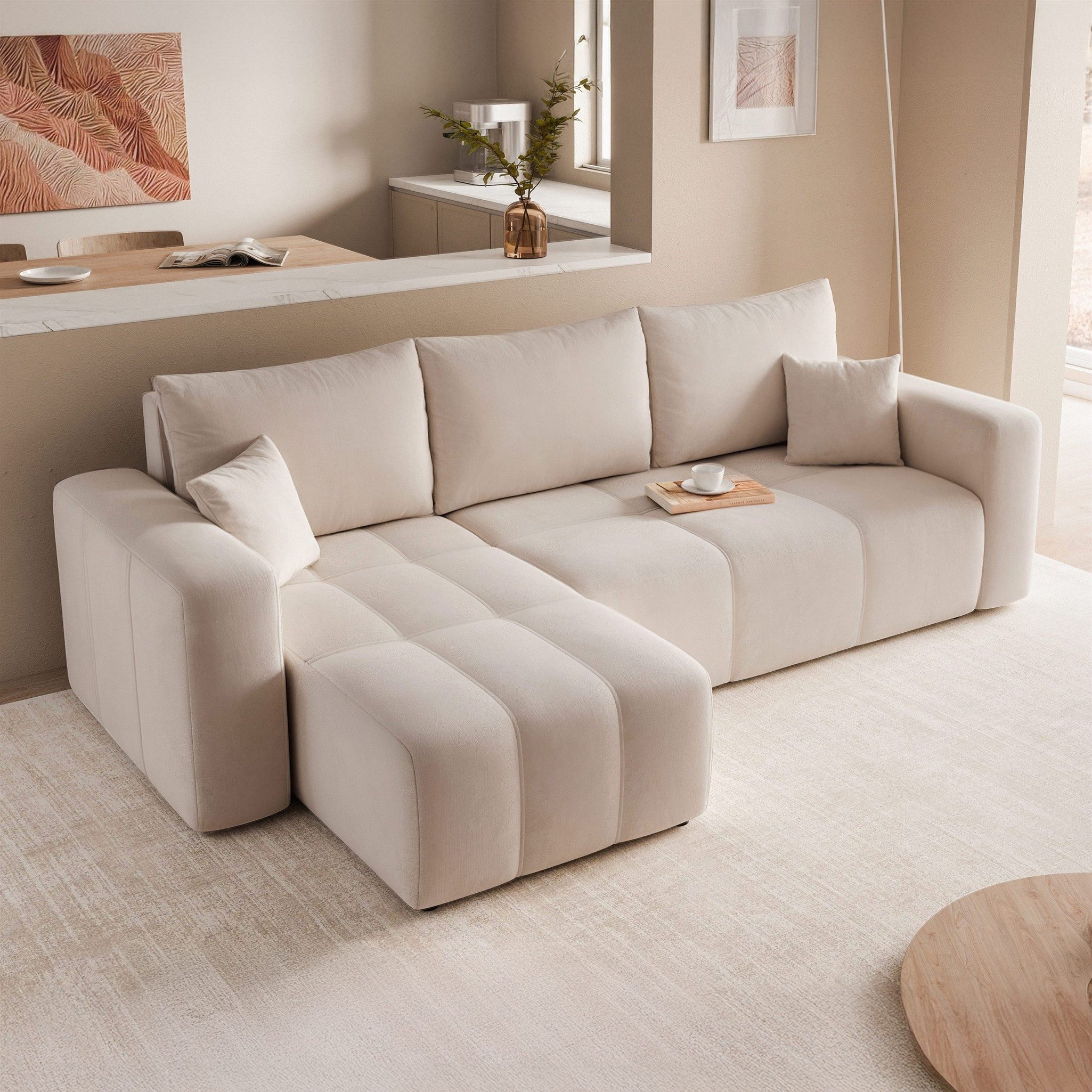 Fun Möbel Ecksofa Schlafsofa LEROS mit Ottomane in Verloursstoff Manila, mit Bettkasten, inkl. 3 Rückenkissen und 2 Zierkissen
