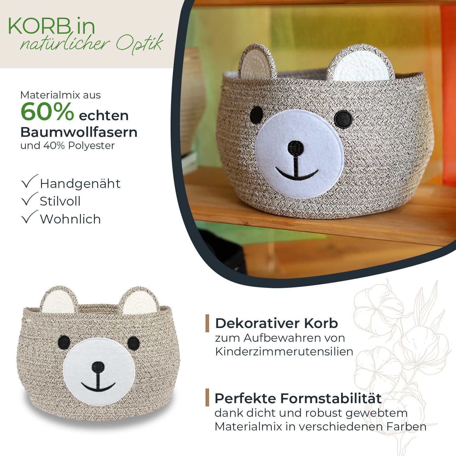HMF Aufbewahrungskorb Aufbewahrungskorb mit versteckten Griffen, Korb für Kinderzimmer aus Baumwolle, Bär, Hellbraun – Bild 2 von 5