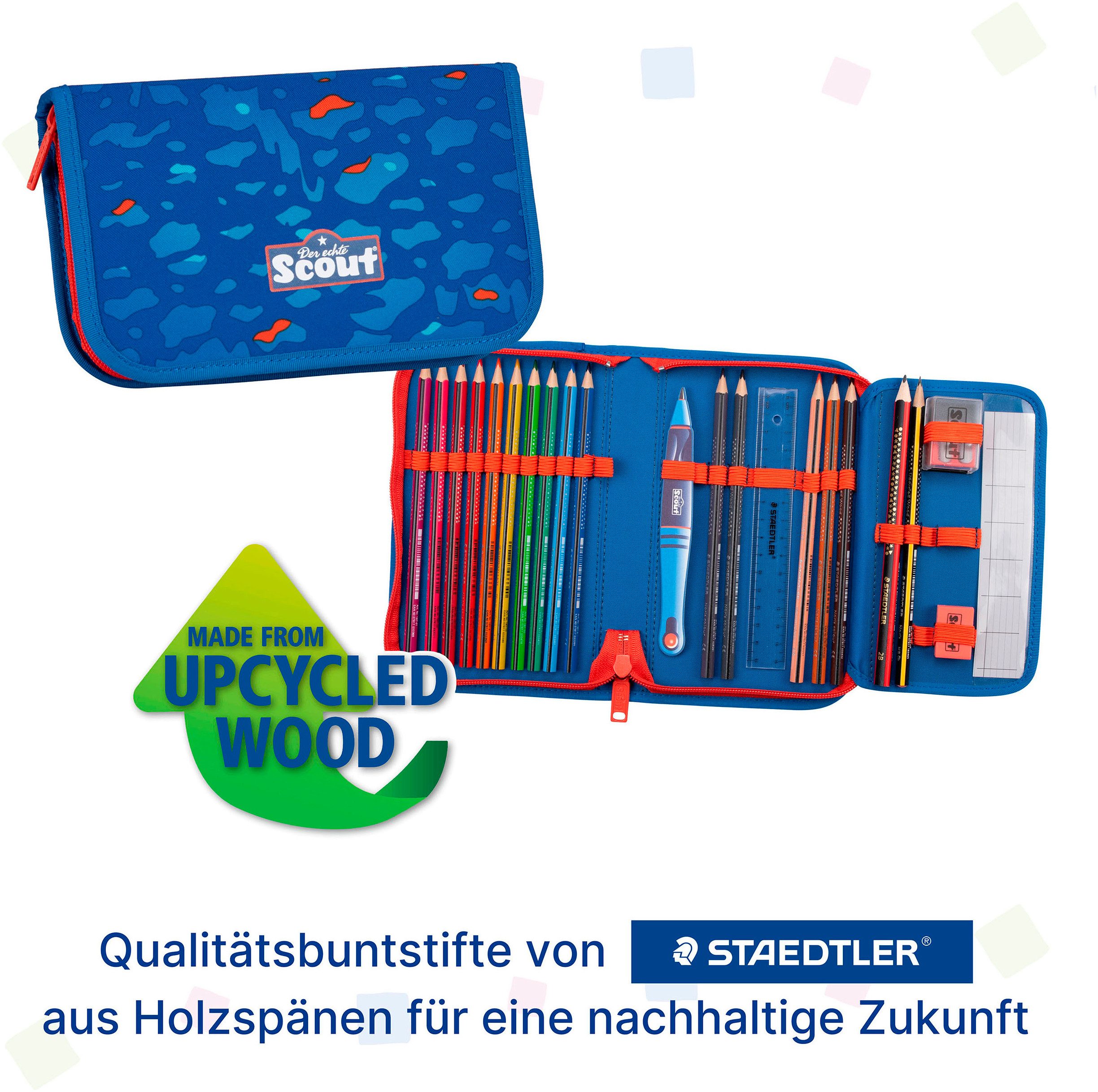 Scout Schulranzen Alpha Superflash, Blue Dino (Set, 4-tlg), mit retrorefl. Flächen & 2 Funny Snaps; enthält recyceltes Material