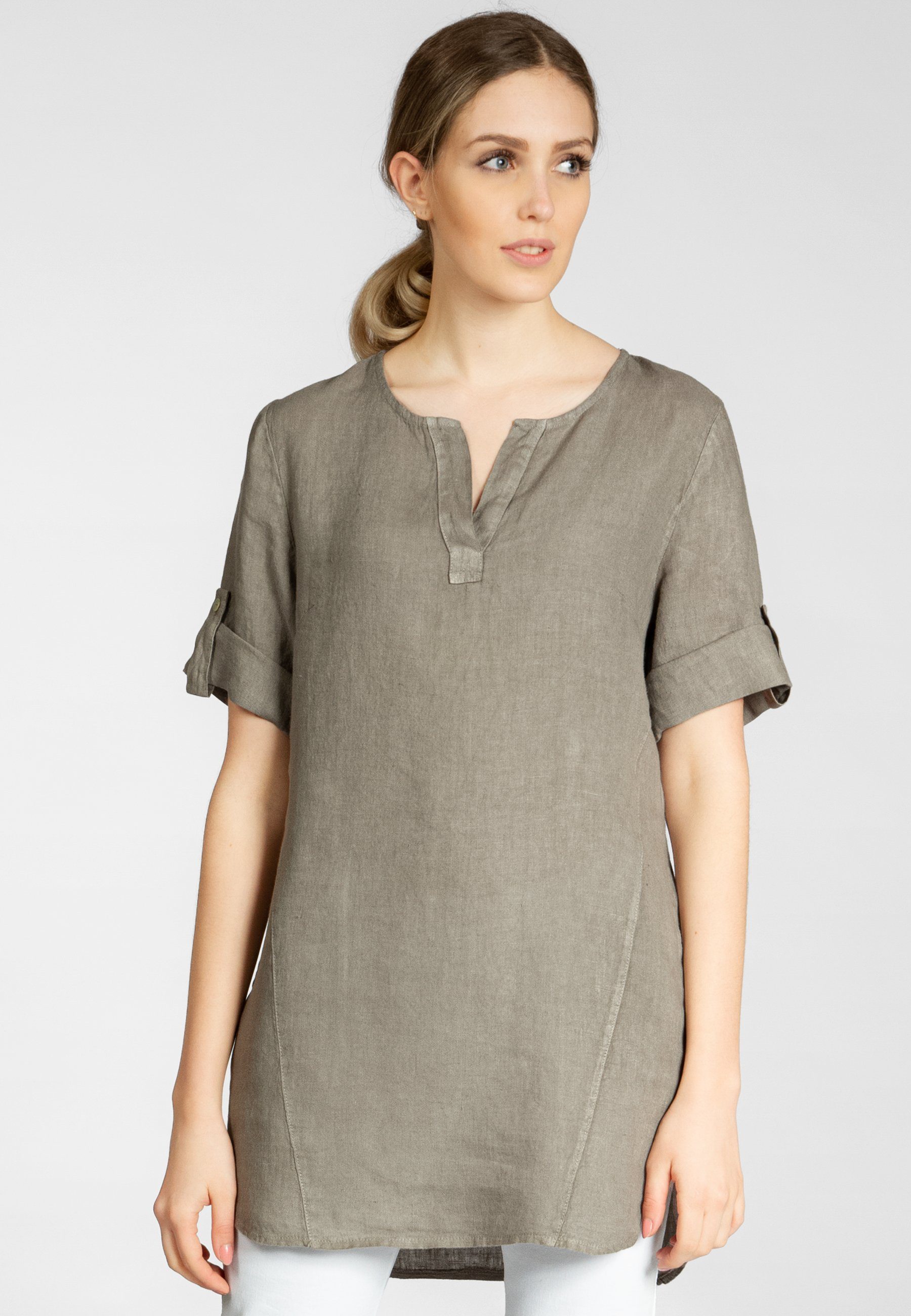 Caspar Longbluse BLU023 lange elegante Damen Halbarm Sommer Leinenbluse günstig online kaufen