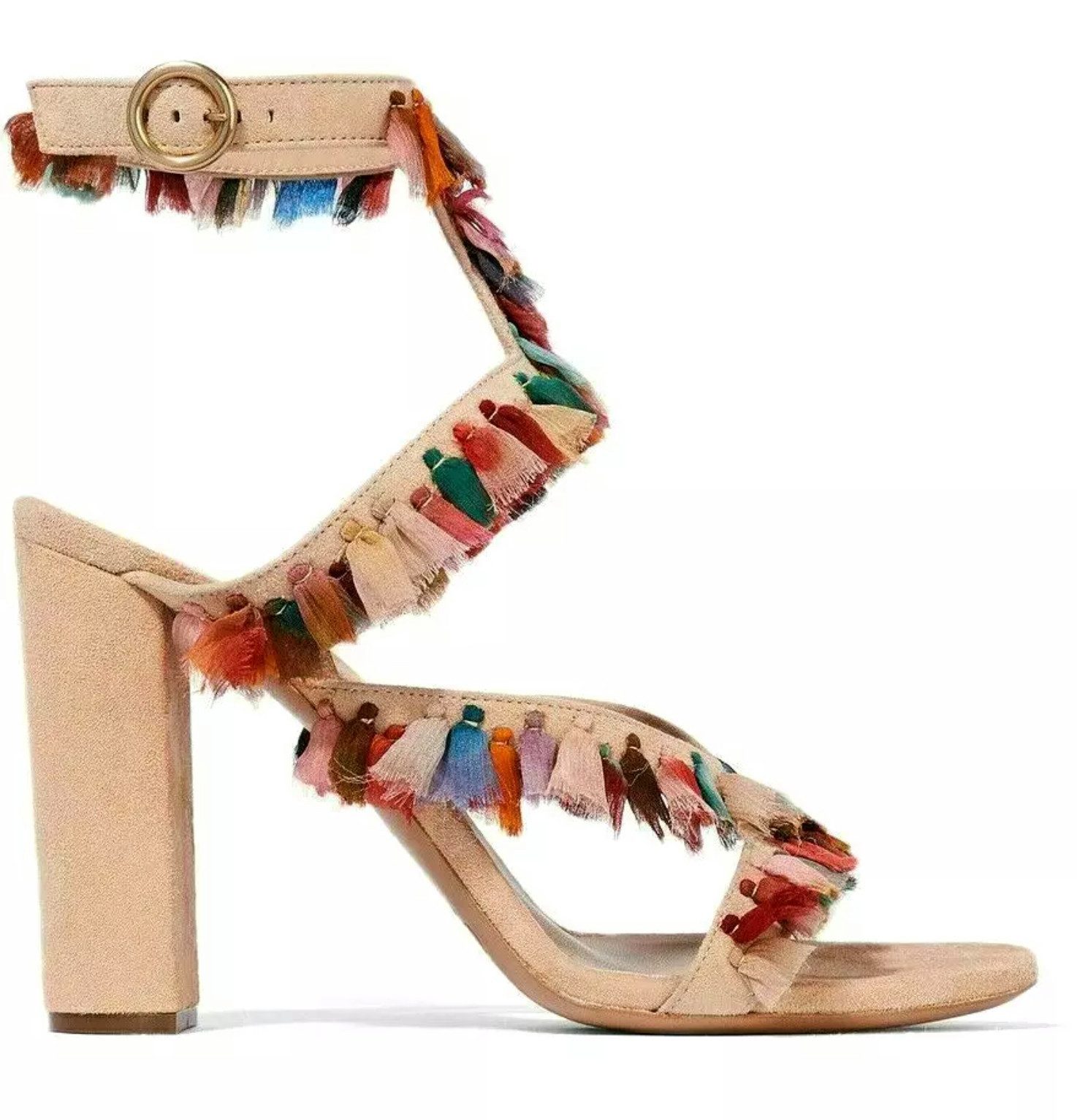 Chloé Liz Sandalen Heels Schuhe Pumps Verstellbarer Riemen Schnalle, Fransen aus mehrfarbiger Voile