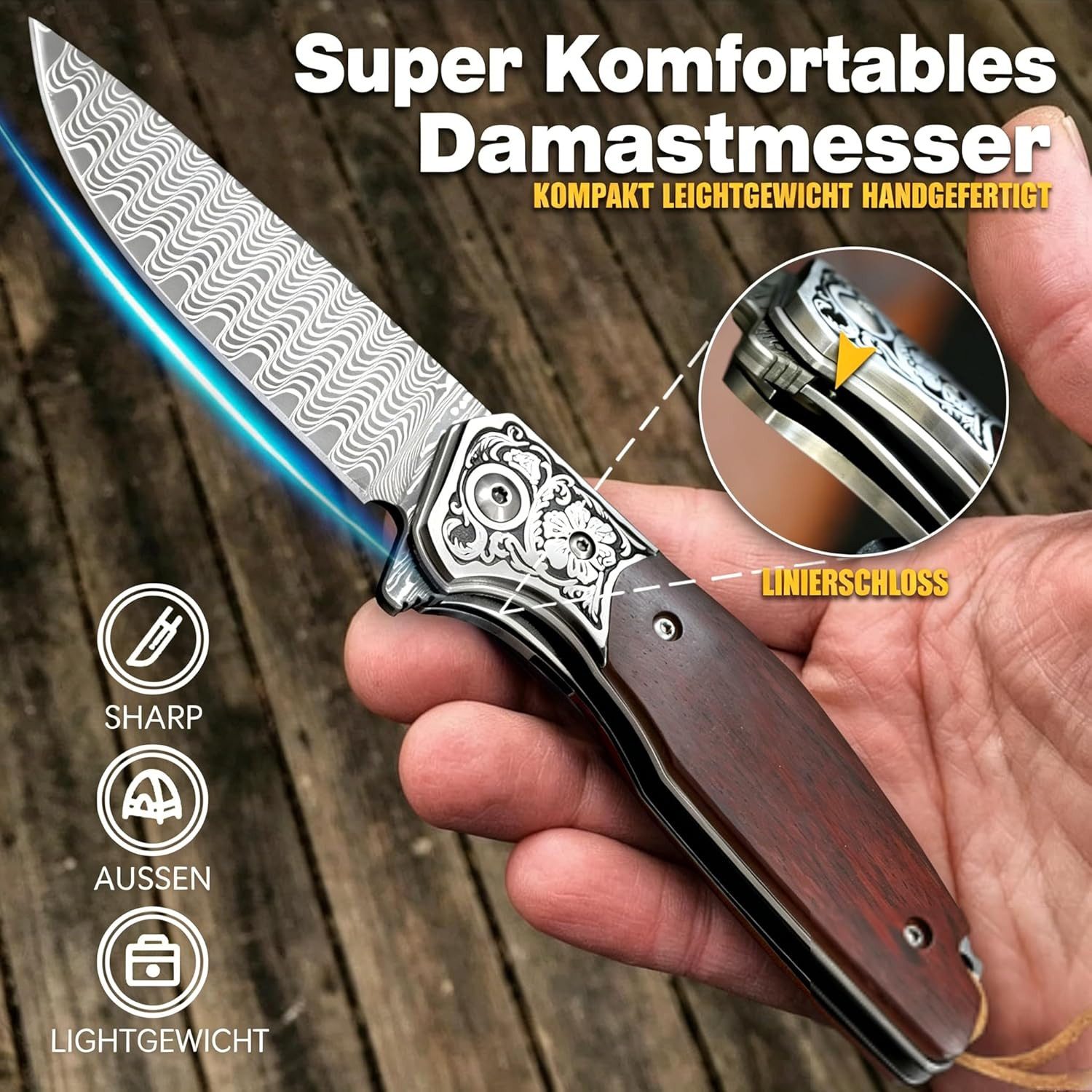 KingLux Damastmesser Damaststahl Zweihand klappmesser Taschenmesser mit Liner Lock – Bild 4 von 5