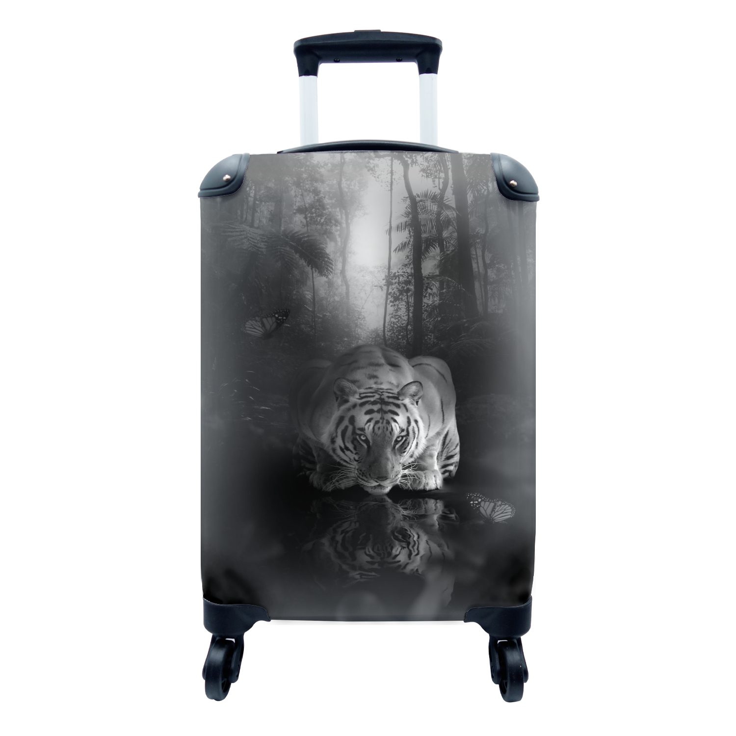 MuchoWow Handgepäckkoffer Tiger am Wasser im Dschungel - schwarz und weiß, 4 Rollen, Reisetasche mit rollen, Handgepäck für Ferien, Trolley, Reisekoffer